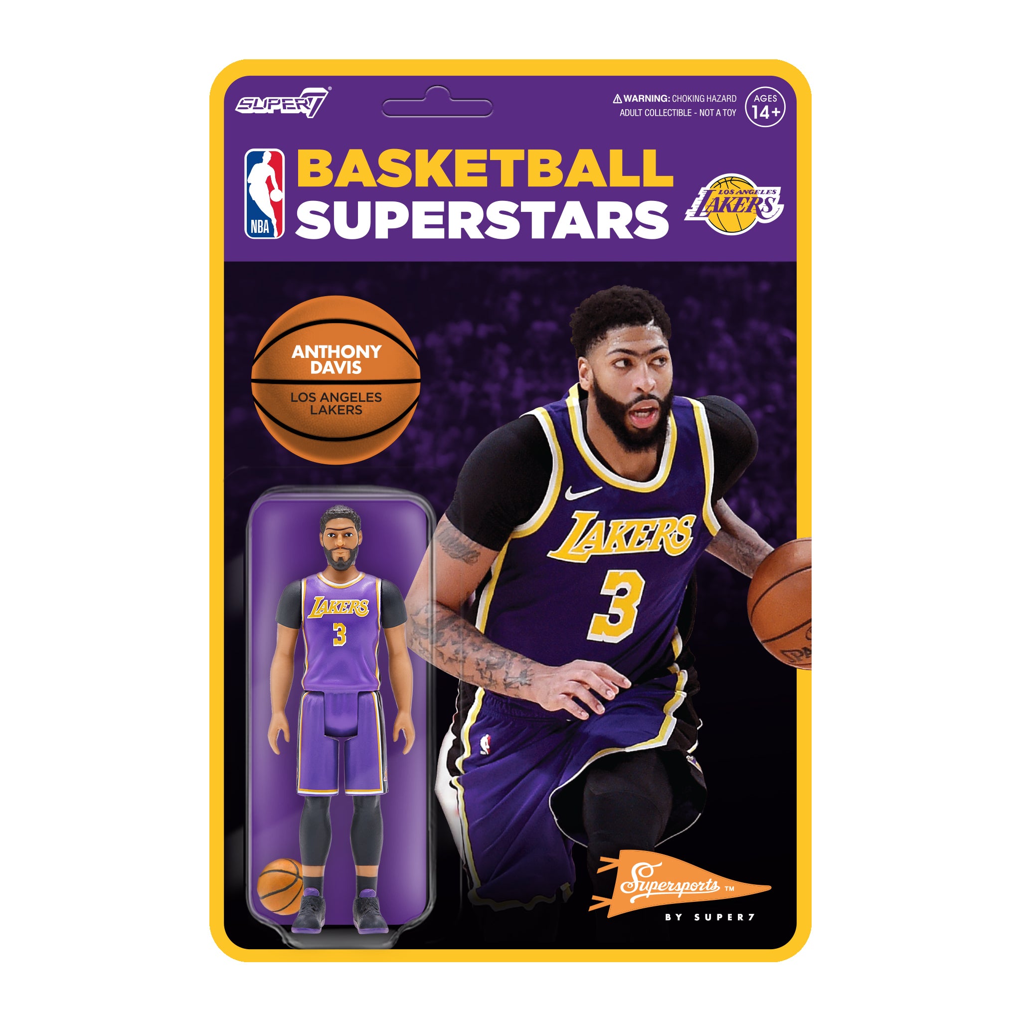Anthony Davis Lakers action figure on purple yellow Supersports packaging with basketball artwork