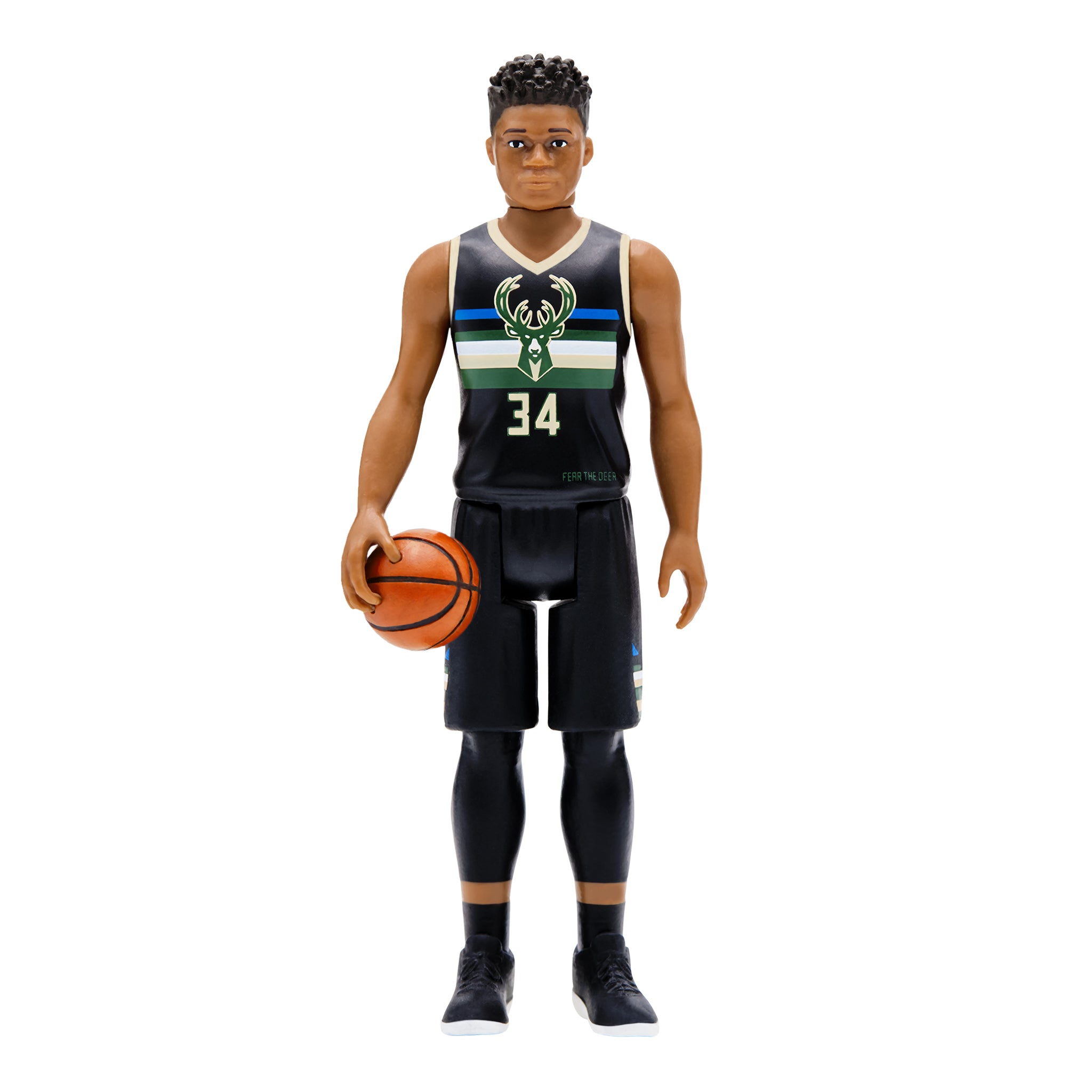 Giannis Antetokounmpo Bucks action figure in clear blister wearing a Bucks jersey number 34 and holding a basketball