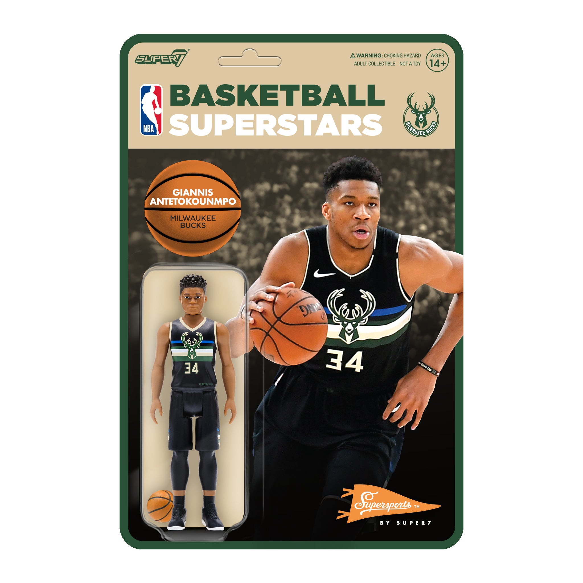 Front packaging for NBA Supersports figure Giannis Antetokounmpo Bucks with Bucks logo and basketball graphics