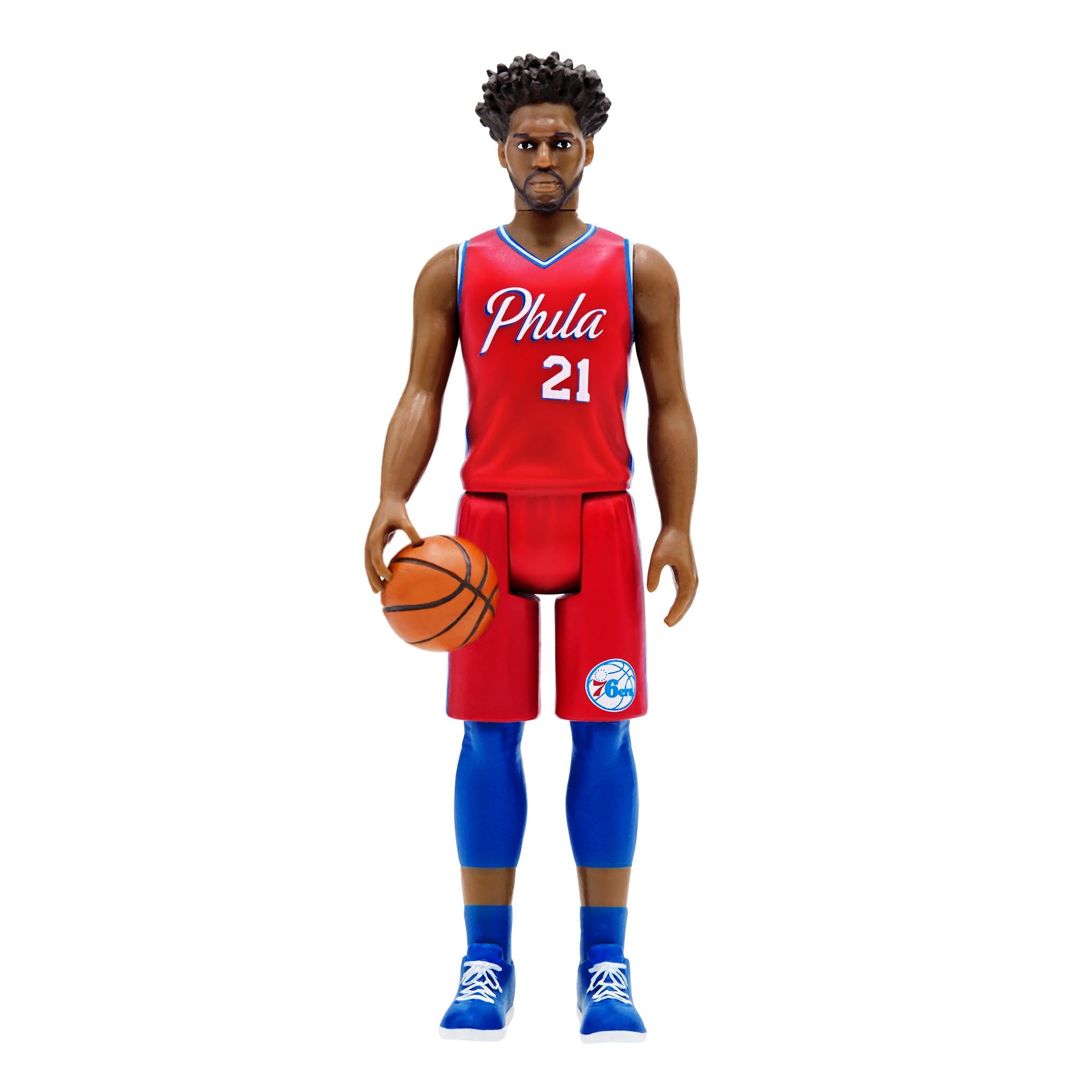 Full body Joel Embiid Supersports figure in Philadelphia 76ers red uniform holding a basketball