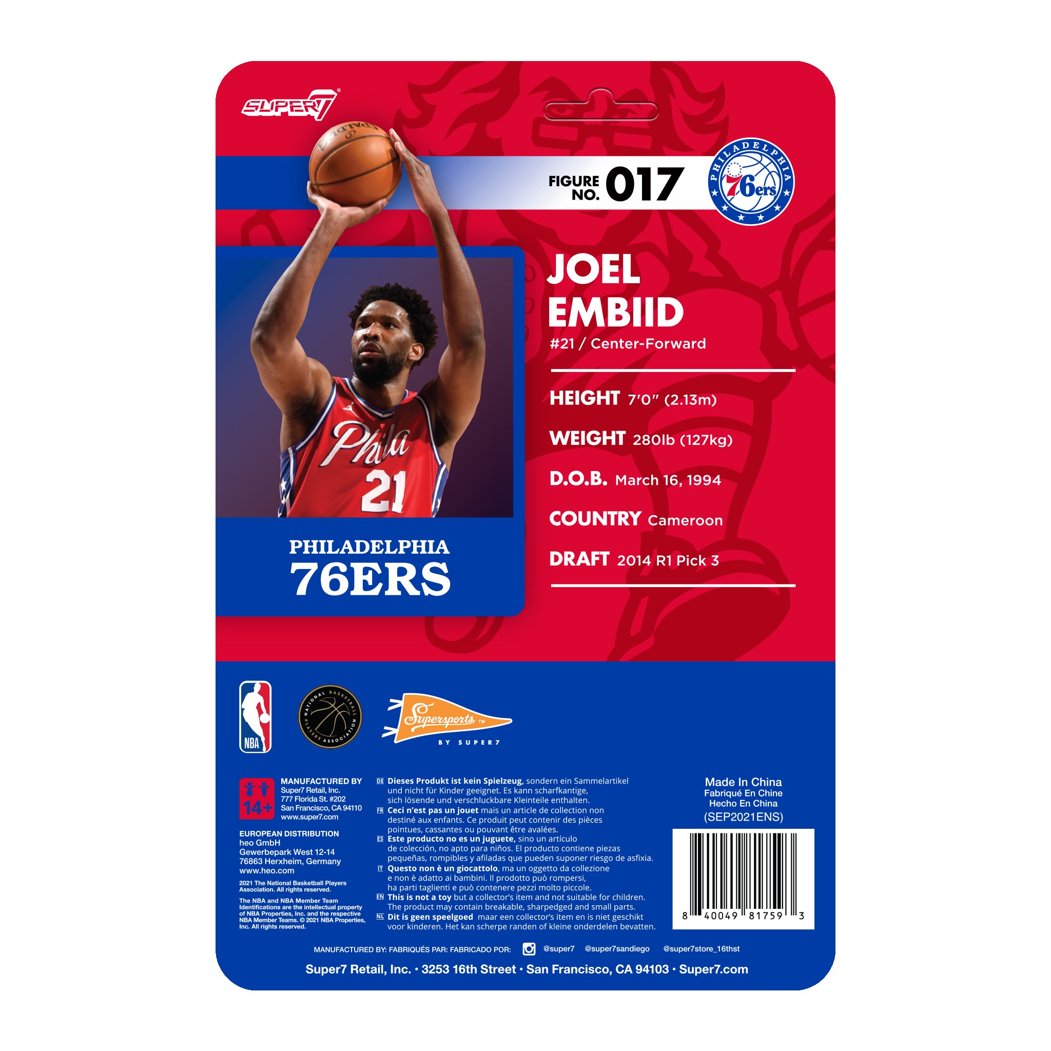 Back of Joel Embiid Supersports packaging showing figure no 017 and 76ers branding