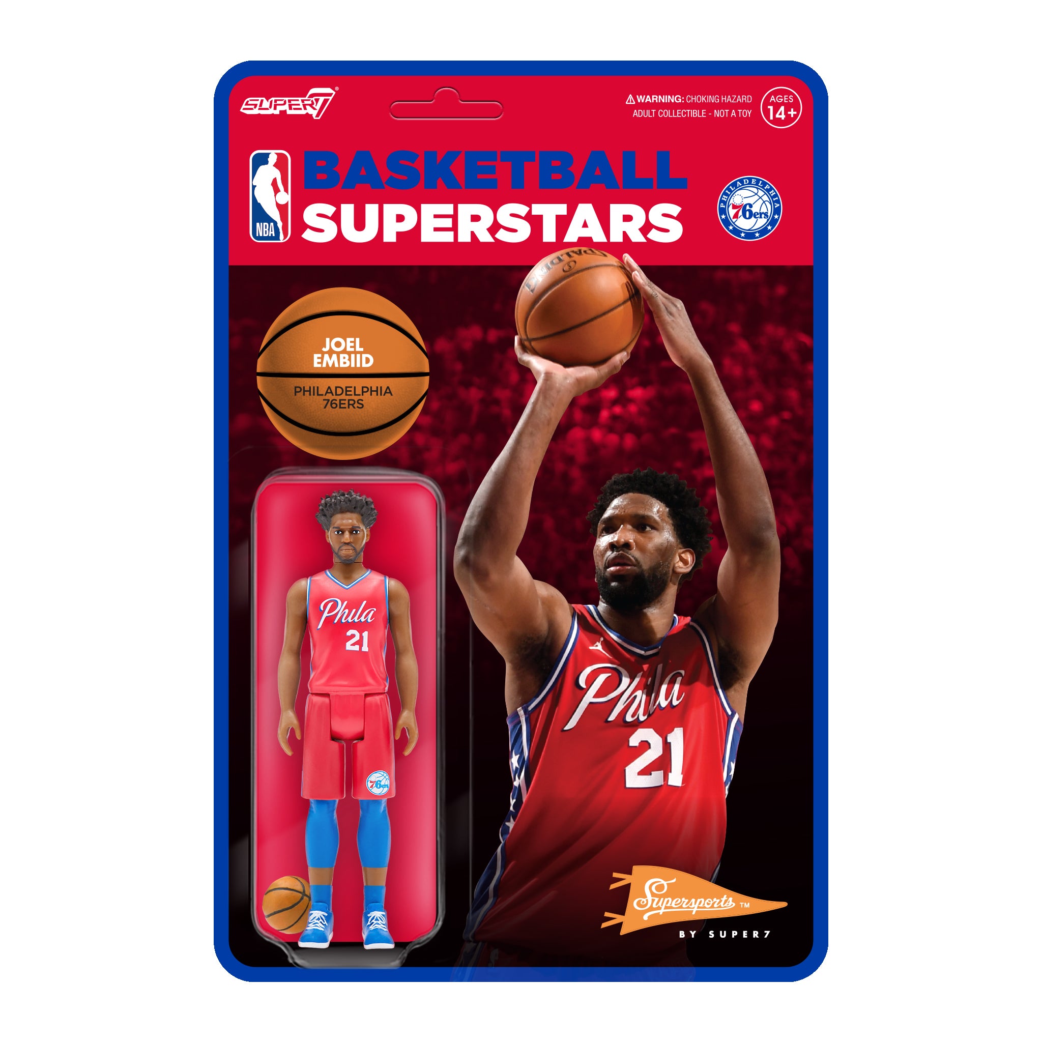 Front view of NBA Supersports Joel Embiid Wave 3 packaging with red background and 76ers logo