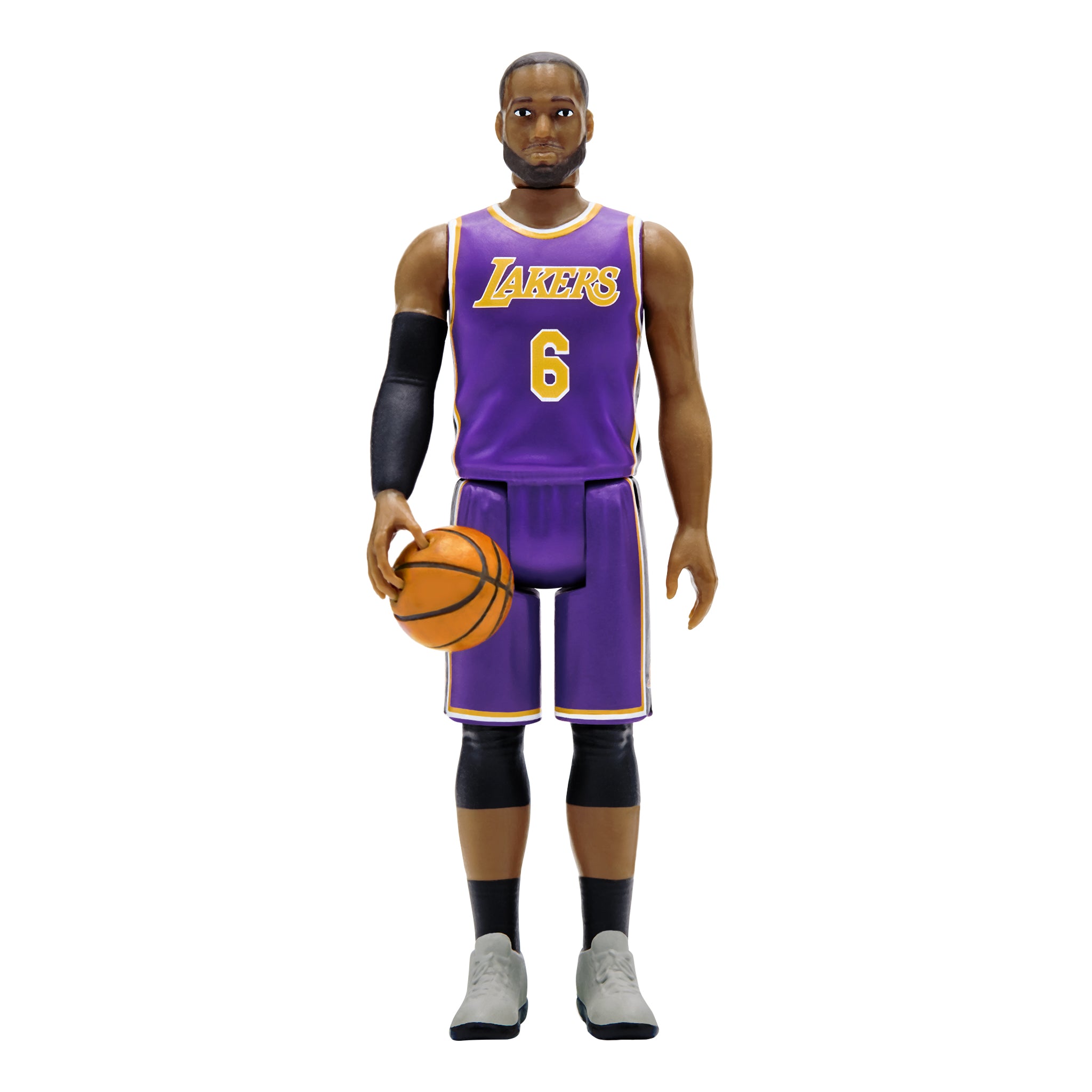 Full view of LeBron James Lakers action figure in purple uniform posing with basketball