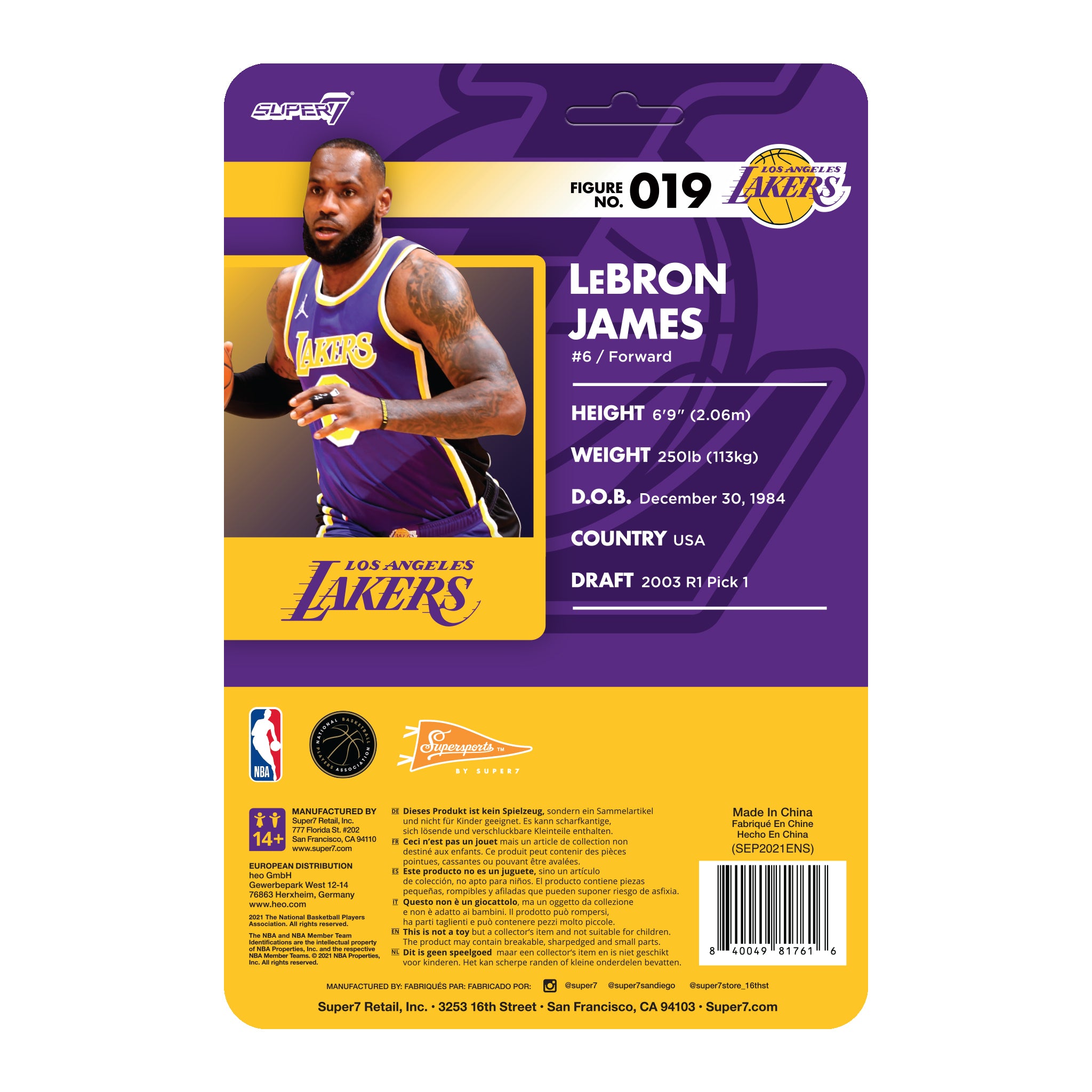 Back of LeBron James Lakers Supersports packaging showing figure details and barcode on purple panel with yellow base