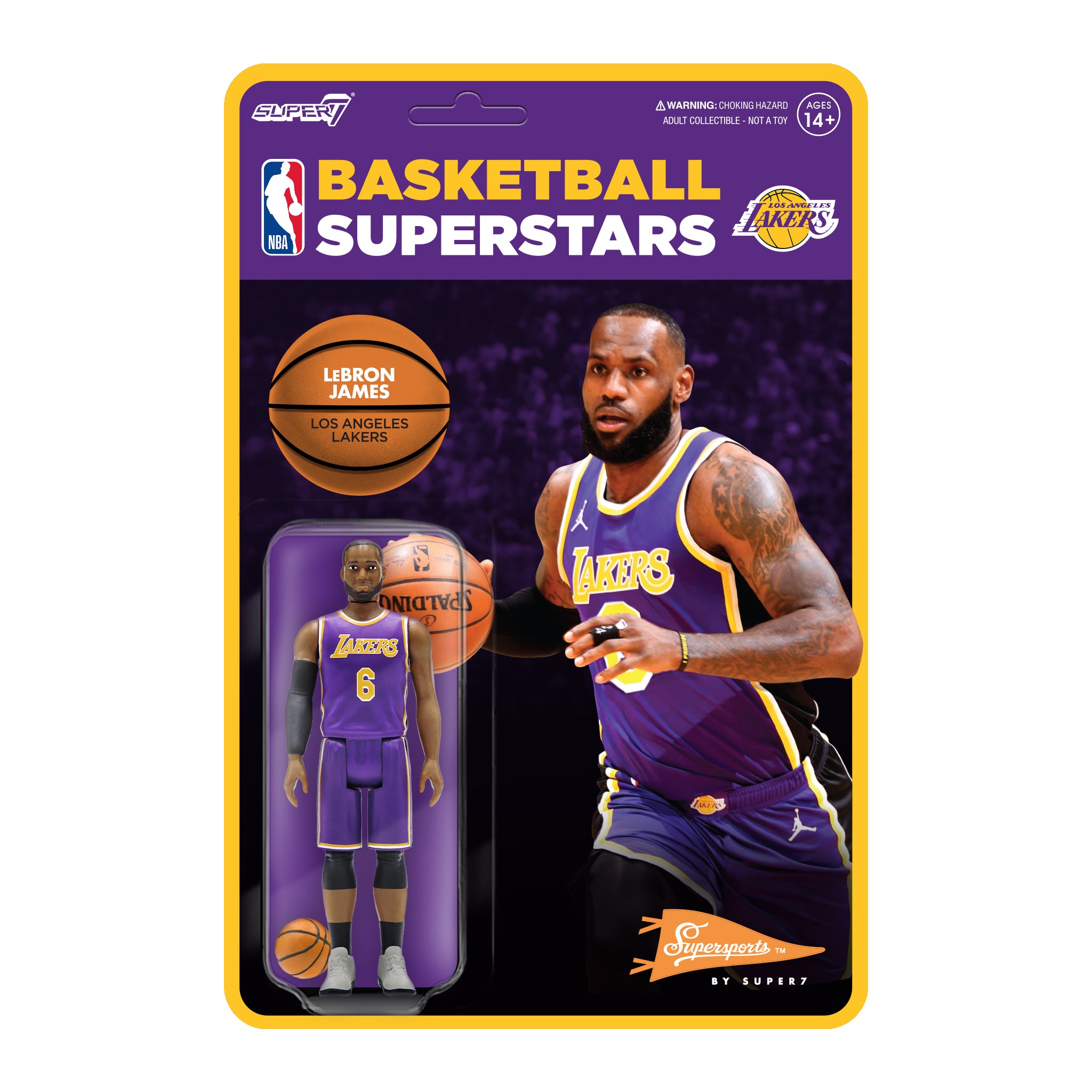 Front of NBA Supersports LeBron James Lakers action figure packaging with purple panel yellow border and Basketball Superstars branding