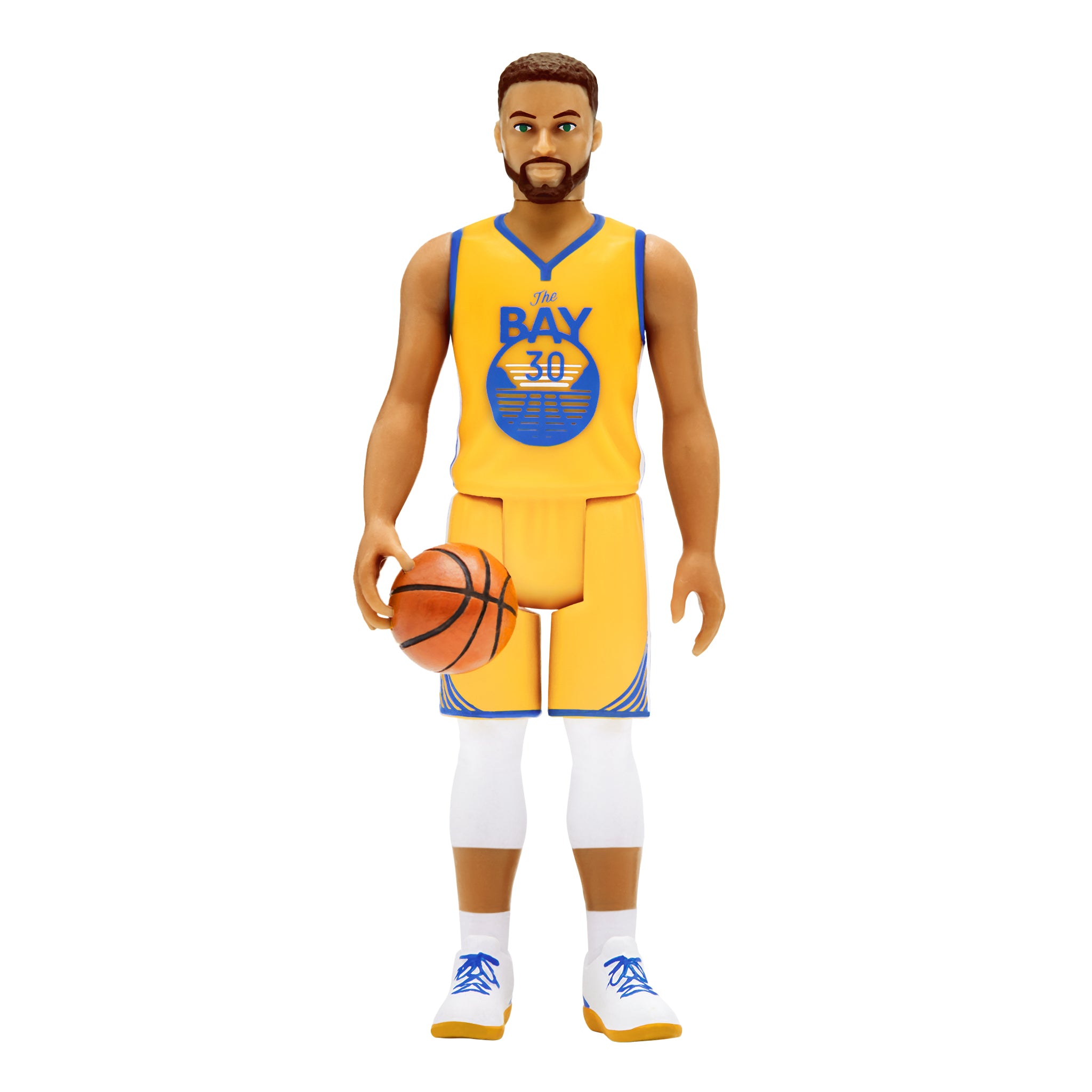 Steph Curry action figure in yellow Warriors uniform standing with basketball