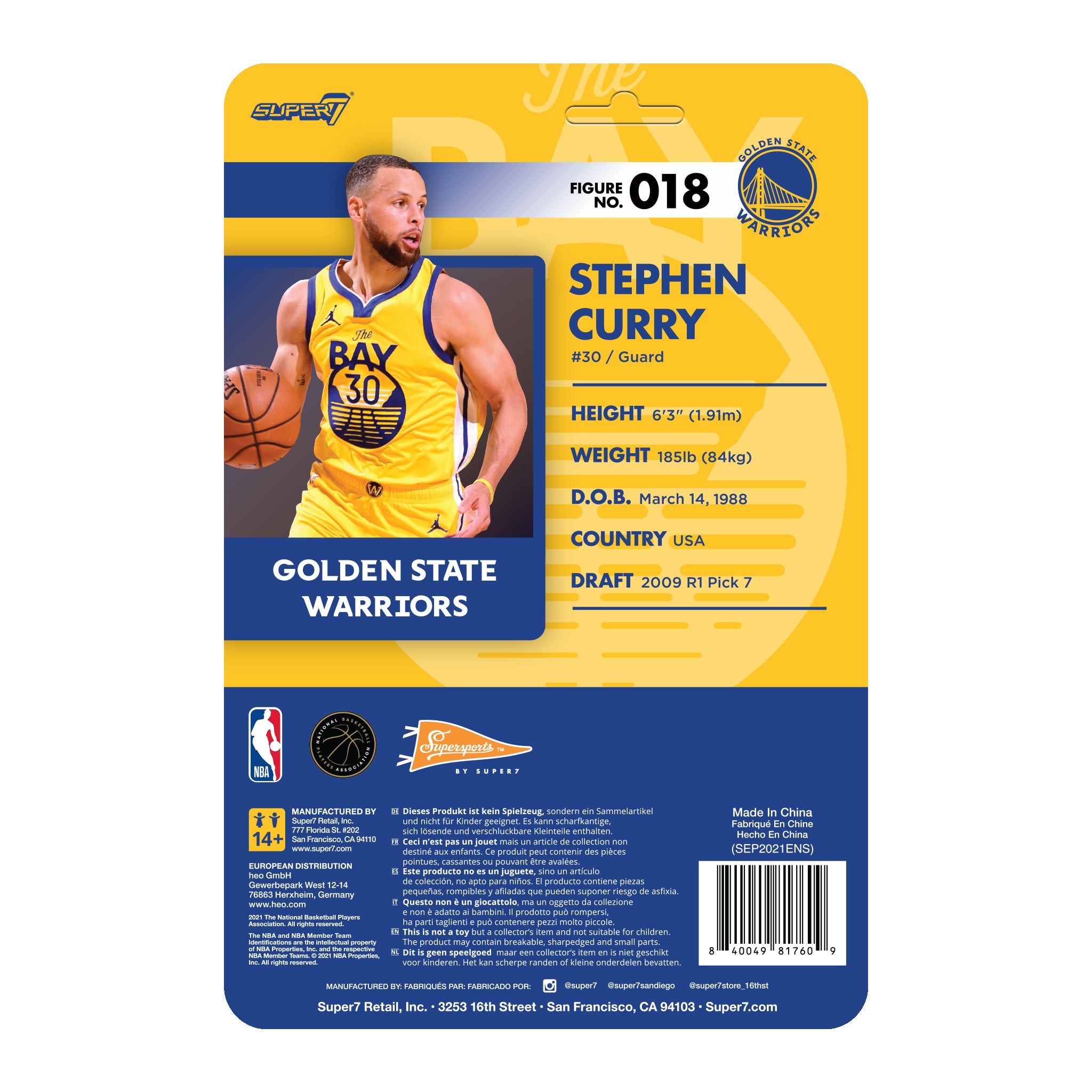 Back panel of Steph Curry figure packaging with profile and statistics on a yellow infographic