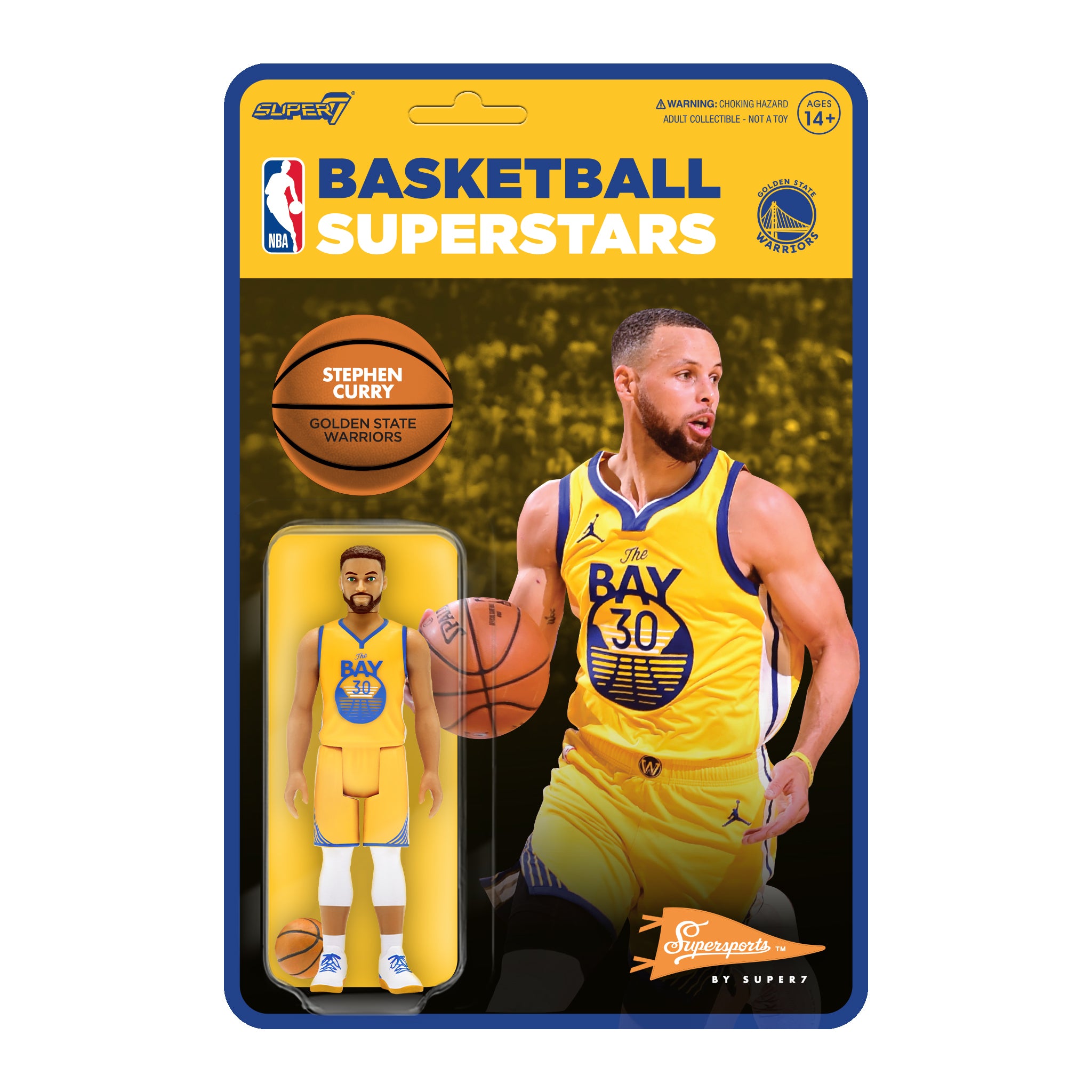 Front packaging for NBA Supersports Wave 3 Steph Curry with Basketball Superstars title and Golden State Warriors logo on a yellow card