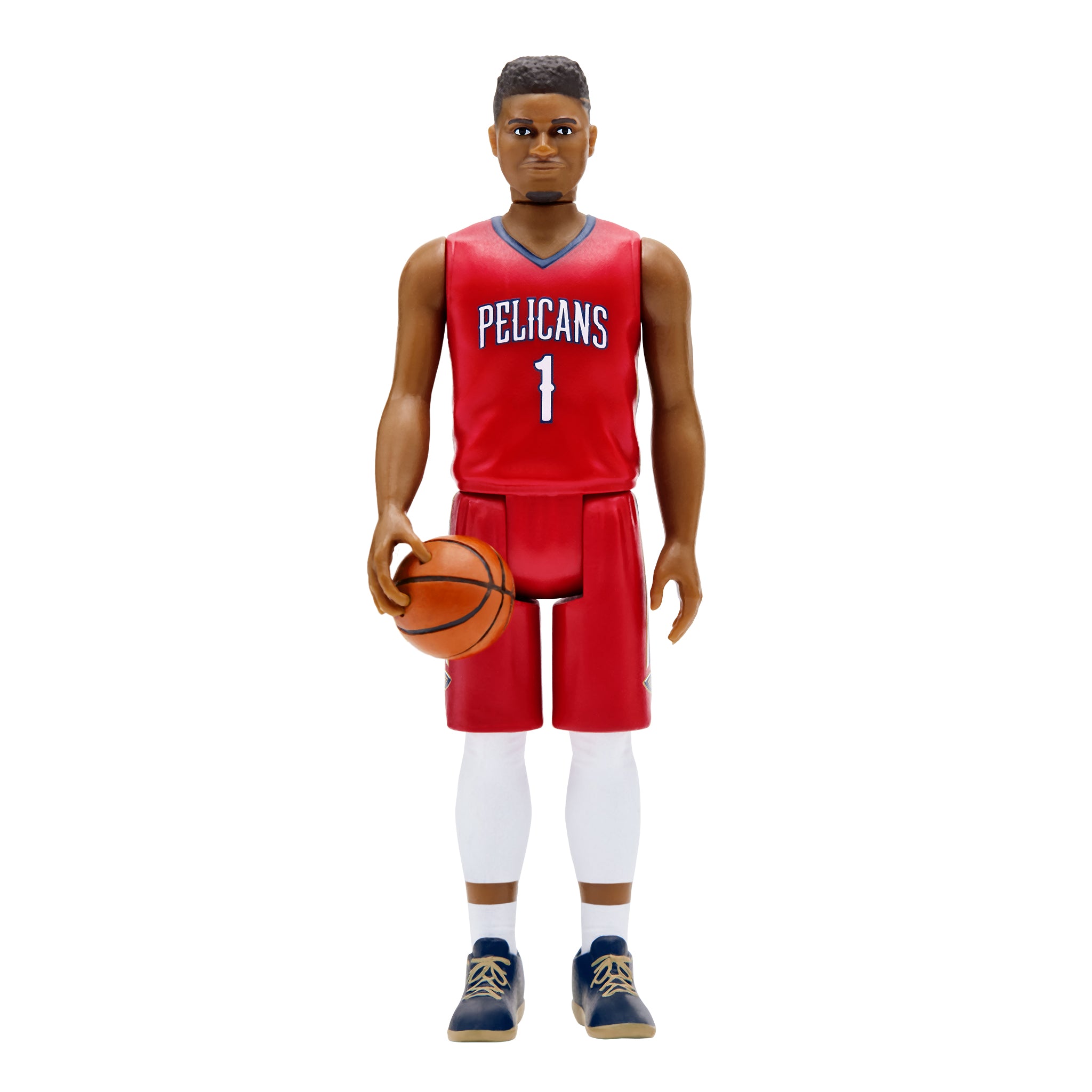 Zion Williamson Pelicans action figure in red jersey standing upright holding a basketball