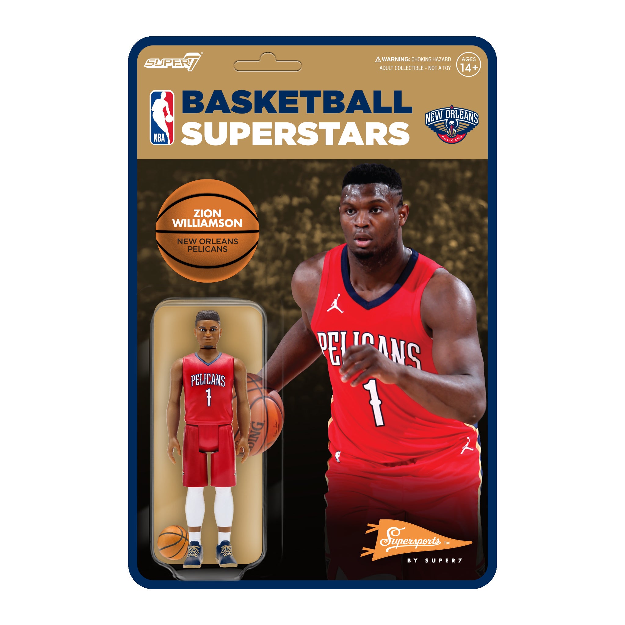 Front of NBA Supersports Wave 3 Zion Williamson Pelicans figure packaging with Basketball Superstars branding