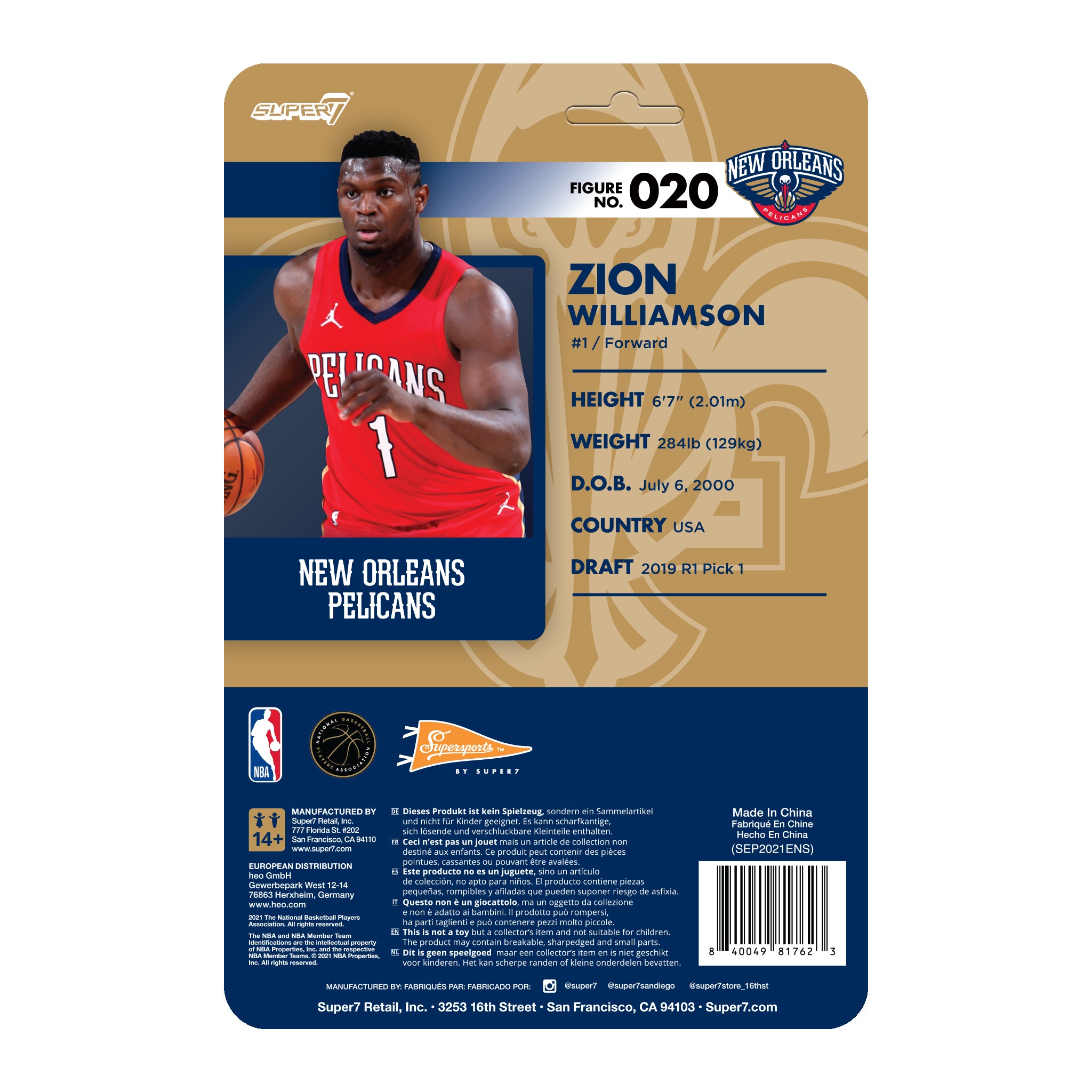 Zion Williamson Pelicans collectible card back with portrait and player statistics such as height weight and draft year
