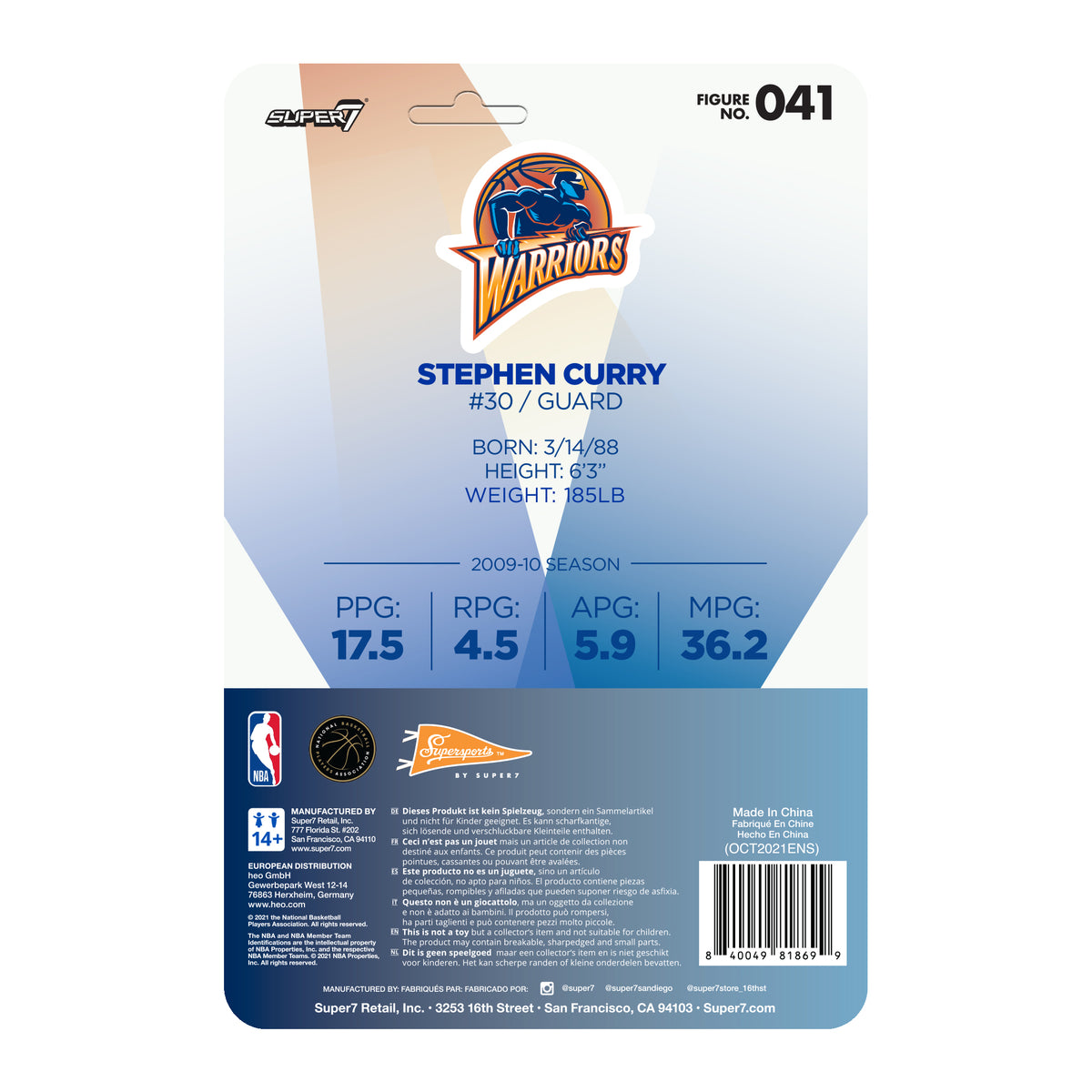 Super7 ReAction NBA Supersports Steph Curry (Golden State Warriors) Figure