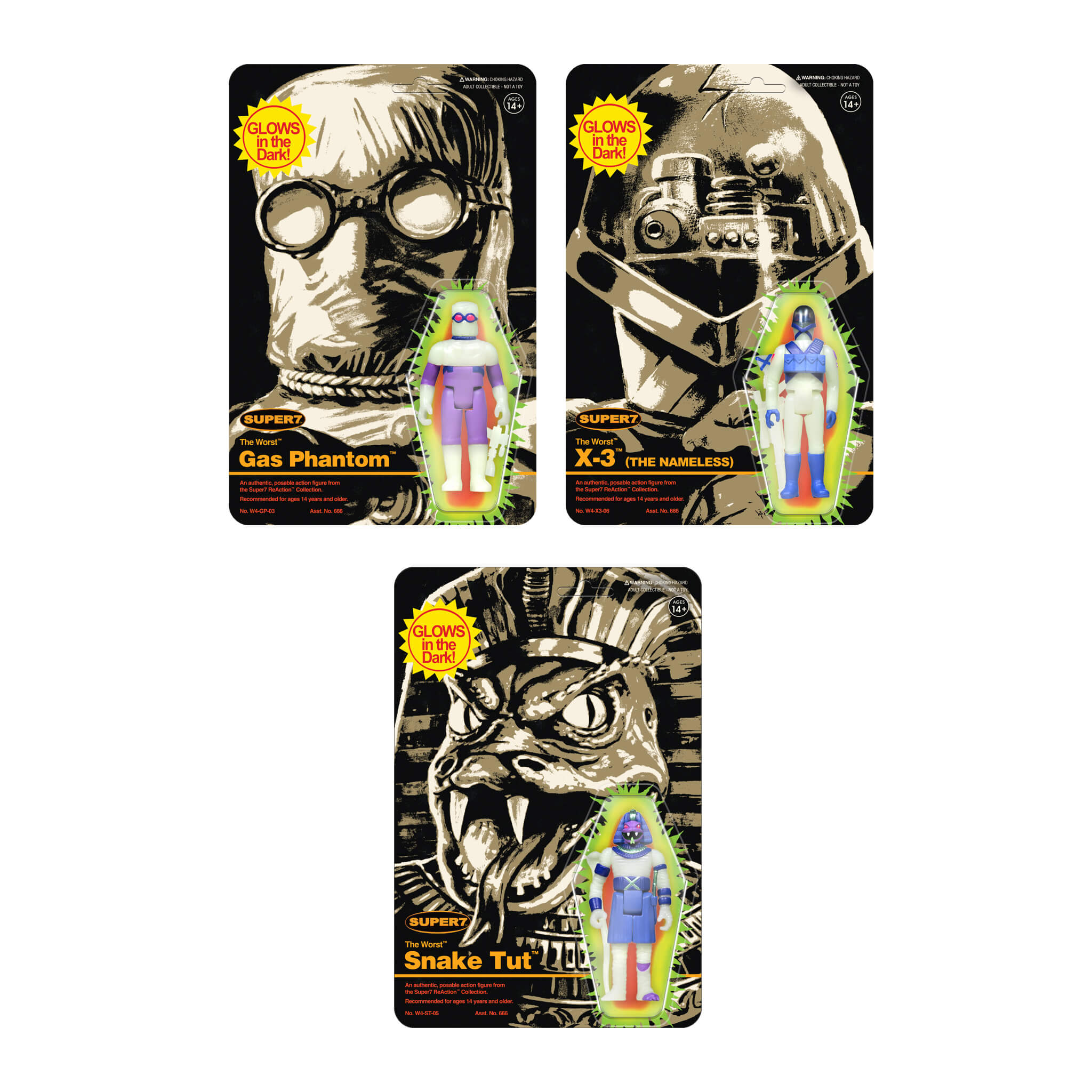 The Worst ReAction Figures - Snake Tut, X-3 & Gas Phantom (Monster Glow)