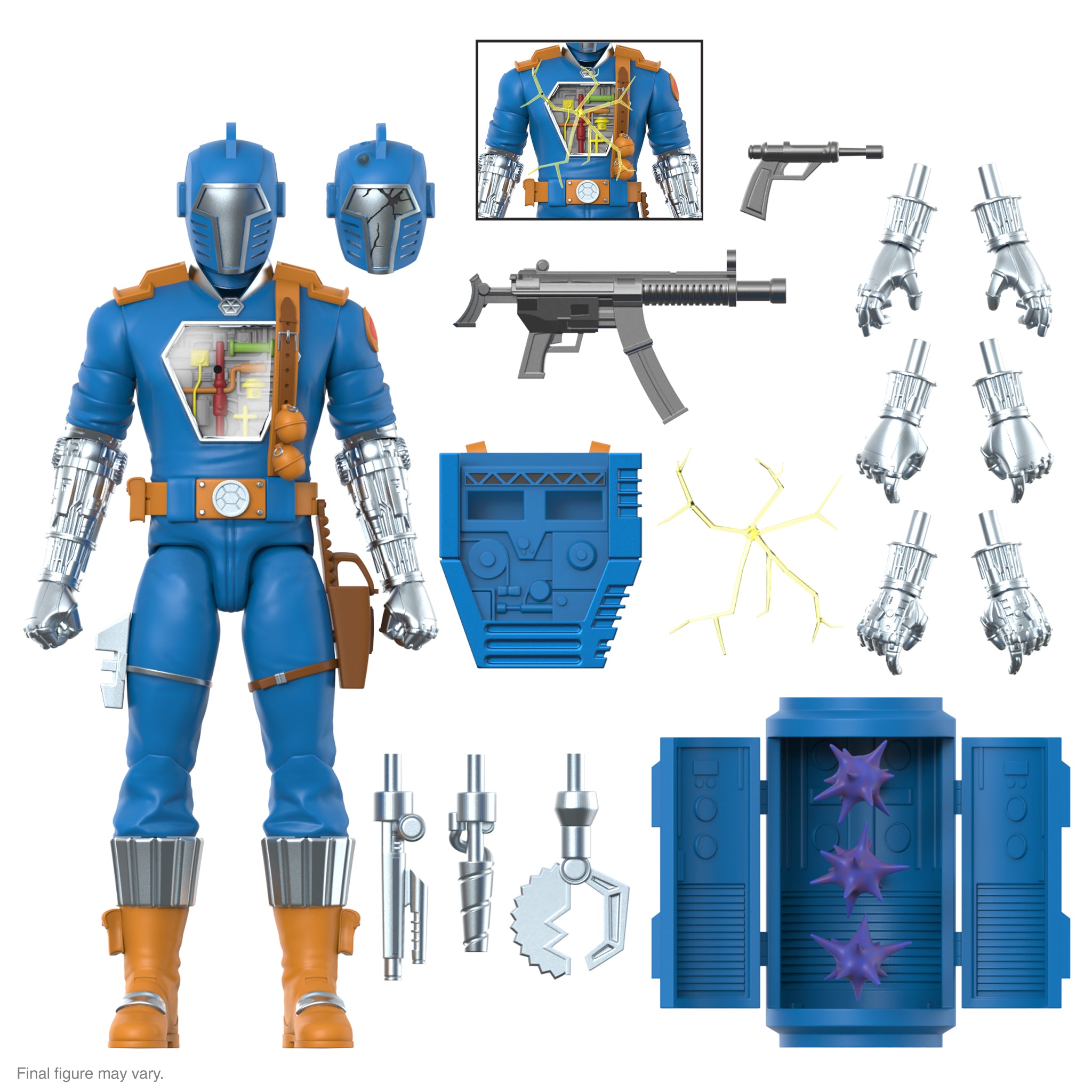 Cobra B.A.T. Ultimates figure in blue suit with orange harness and exposed chest panel showing internal wiring