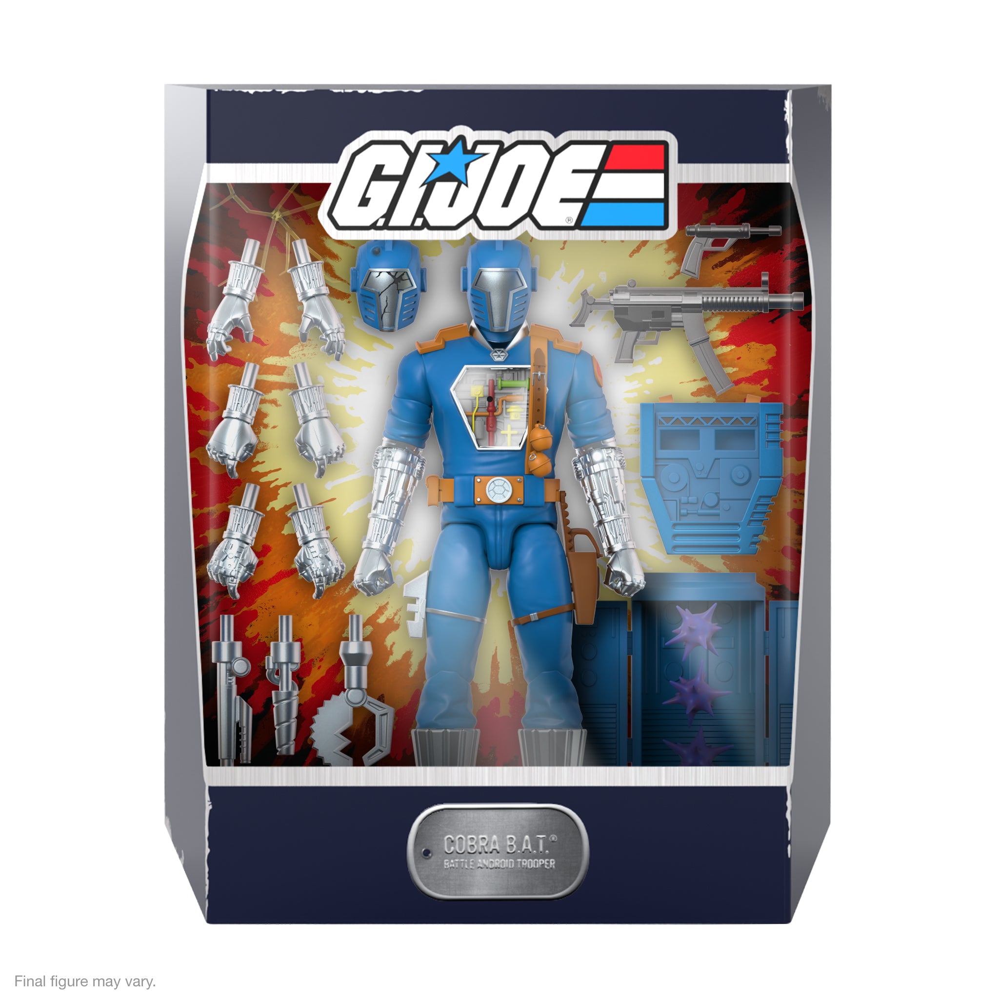Cobra B.A.T. packaging from SDCC 22 showing two blue helmets and weapons inside the display box