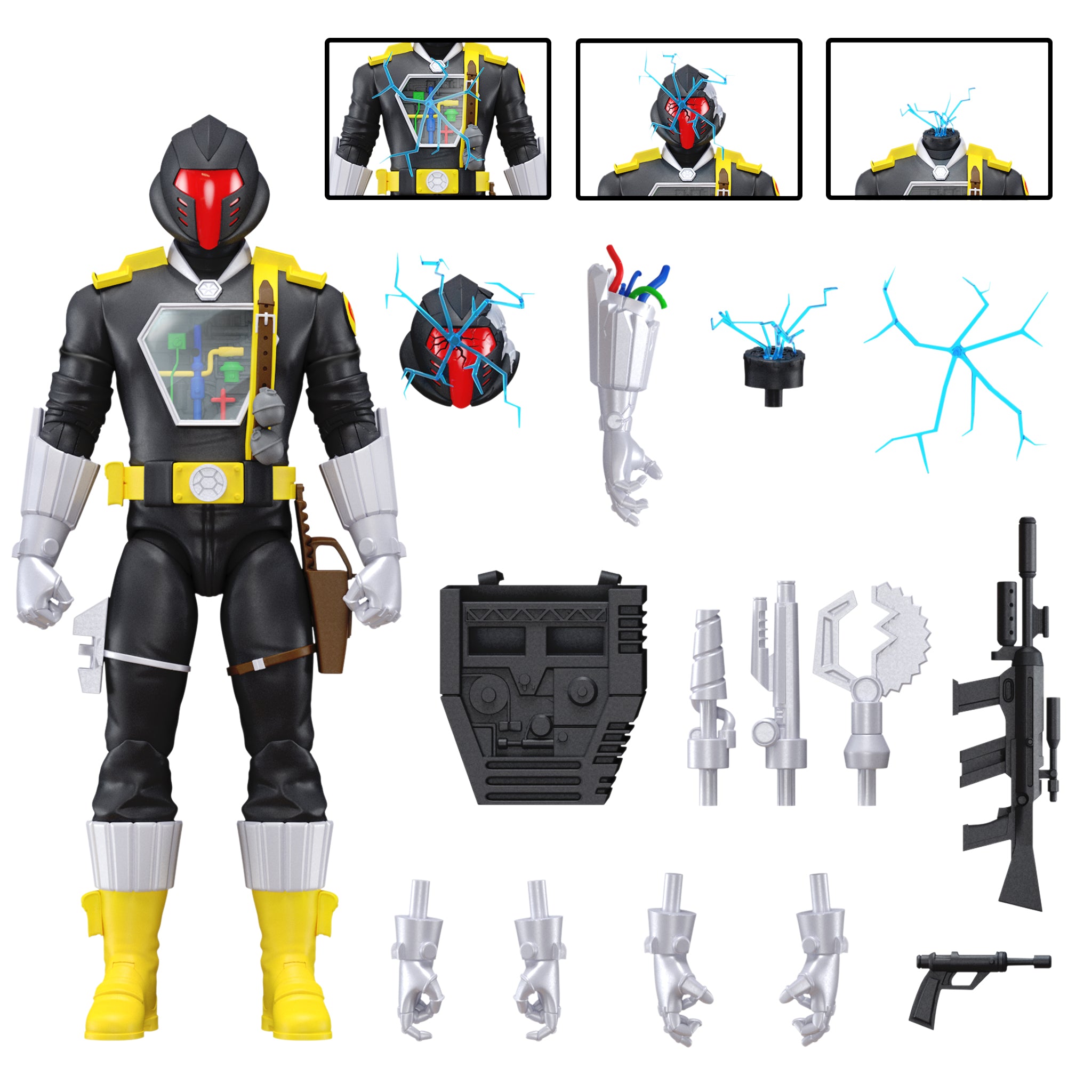 Cartoon accurate G I JOE ULTIMATES B A T Cobra Trooper figure with yellow accents and a transparent chest panel, plus assorted accessories
