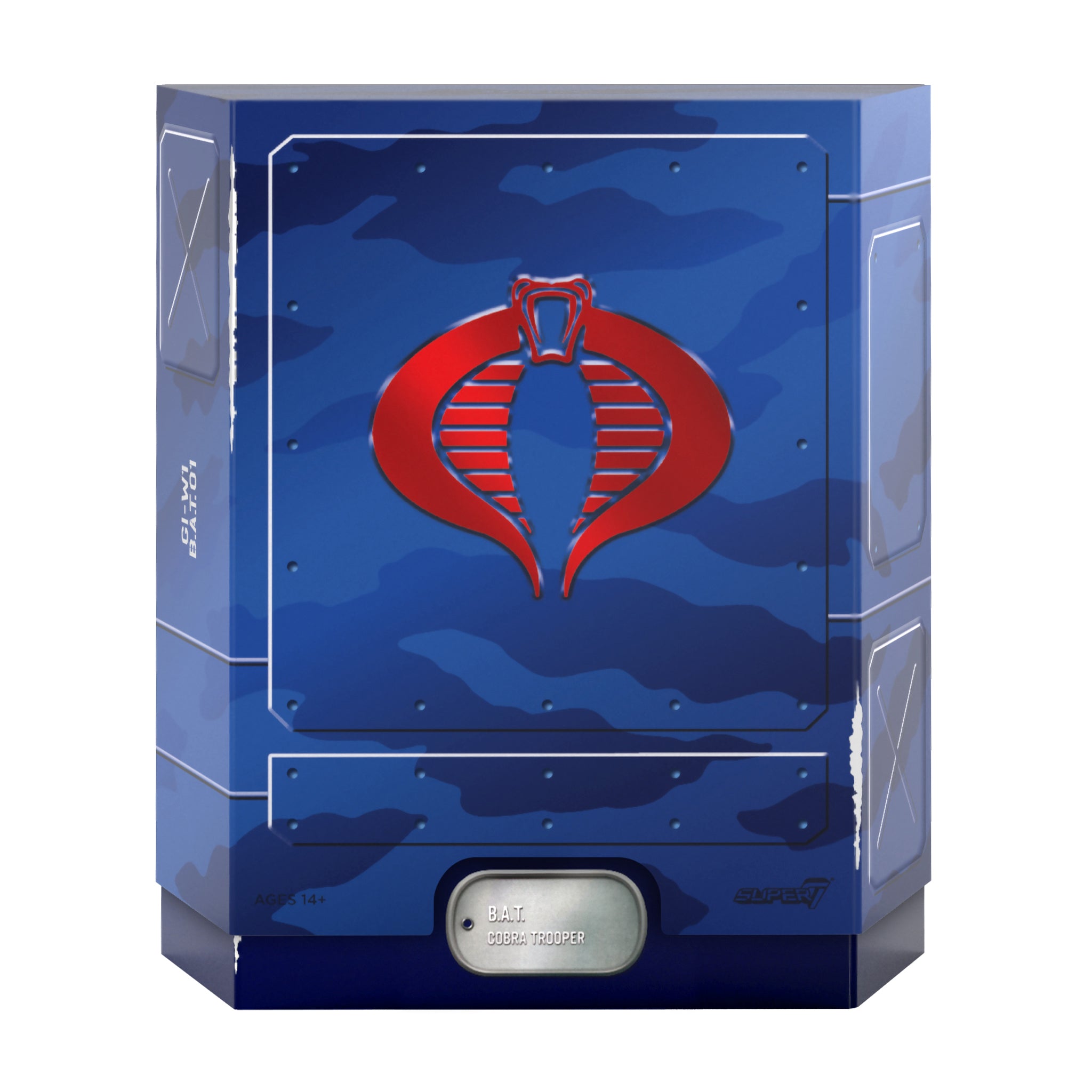 Blue camouflage packaging panel with a large red cobra emblem