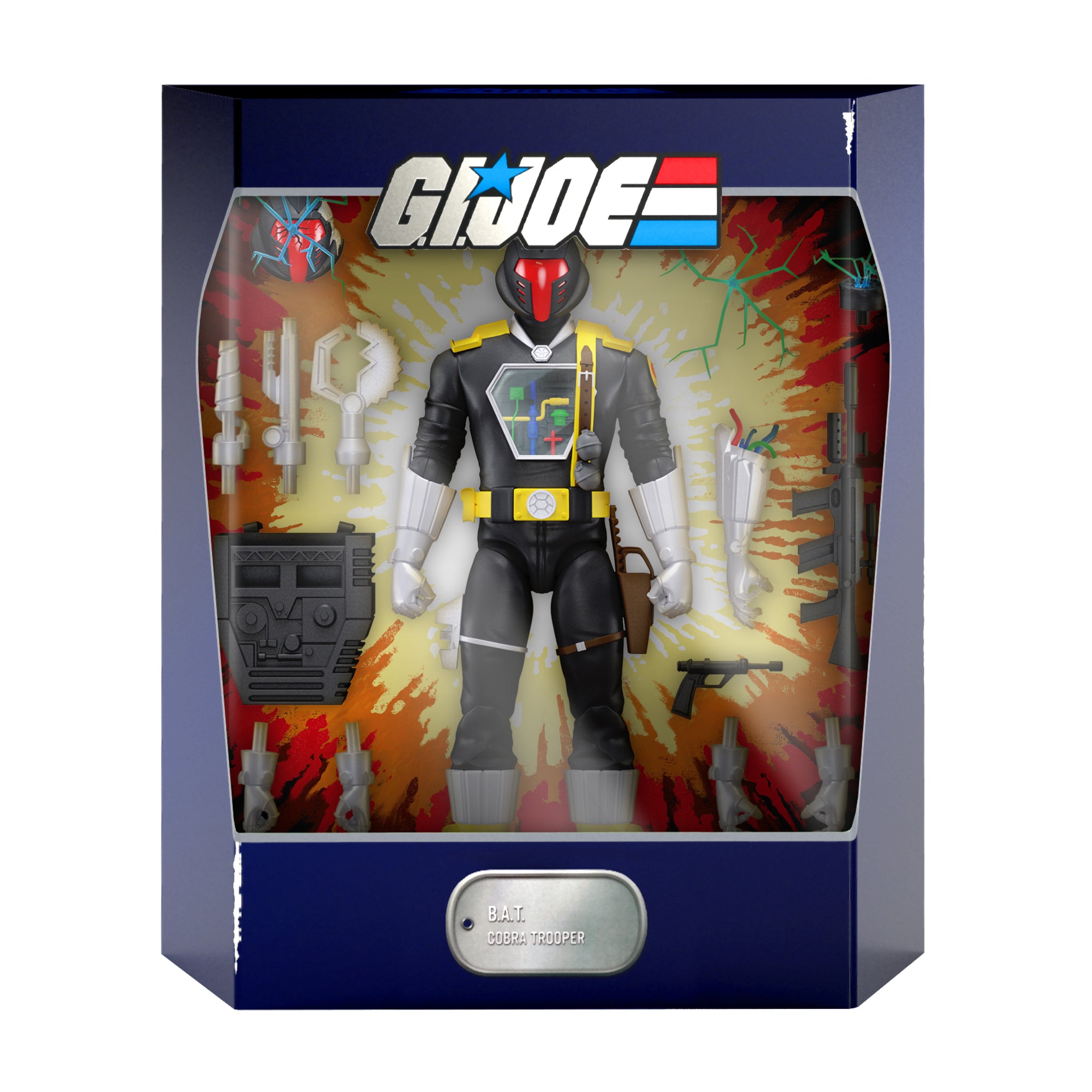 Front of the G I JOE ULTIMATES Wave 1 B A T Cobra Trooper box with blue packaging and large logo