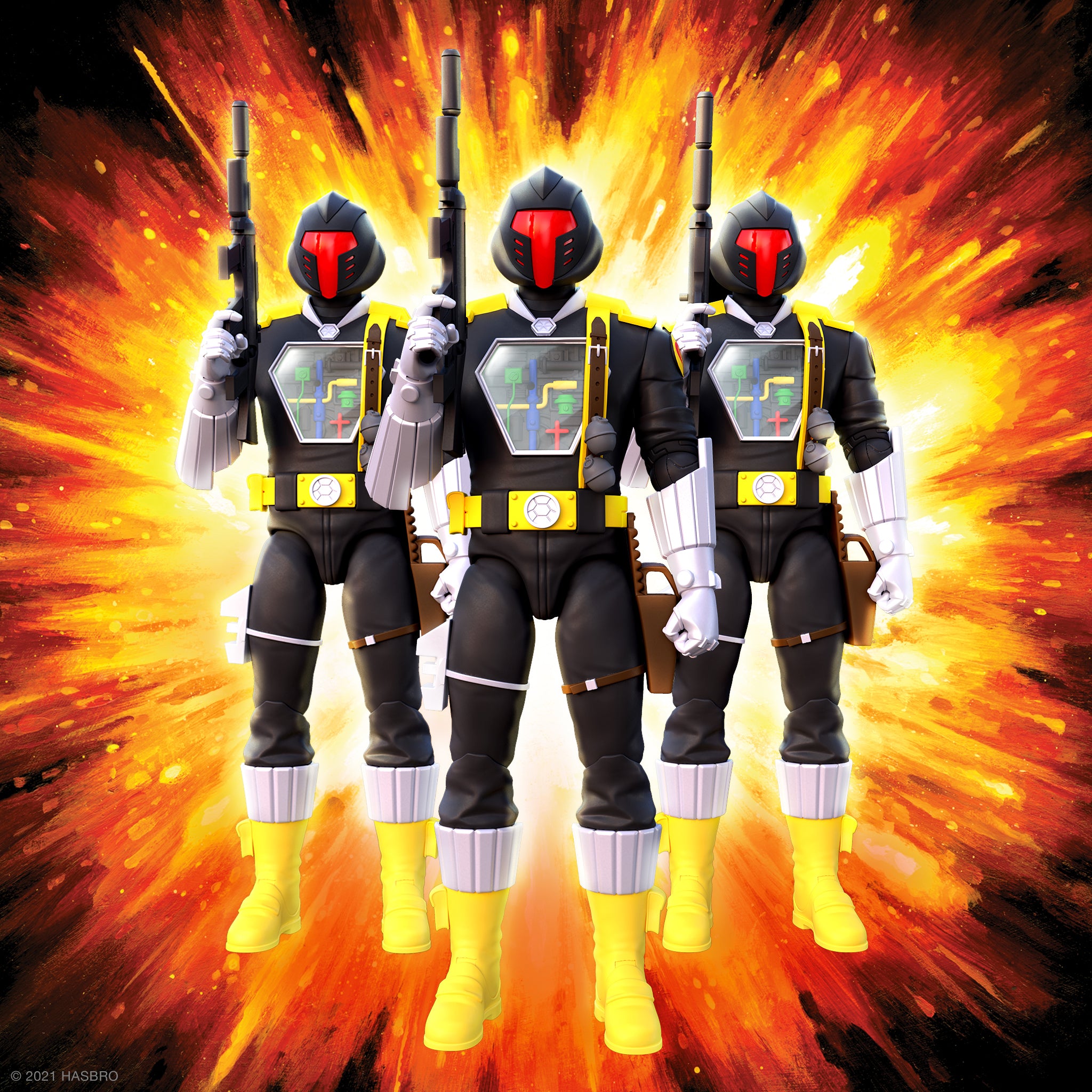 Three Cobra Eel figures in black suits, red visors, and yellow boots, holding rifles against an explosion background