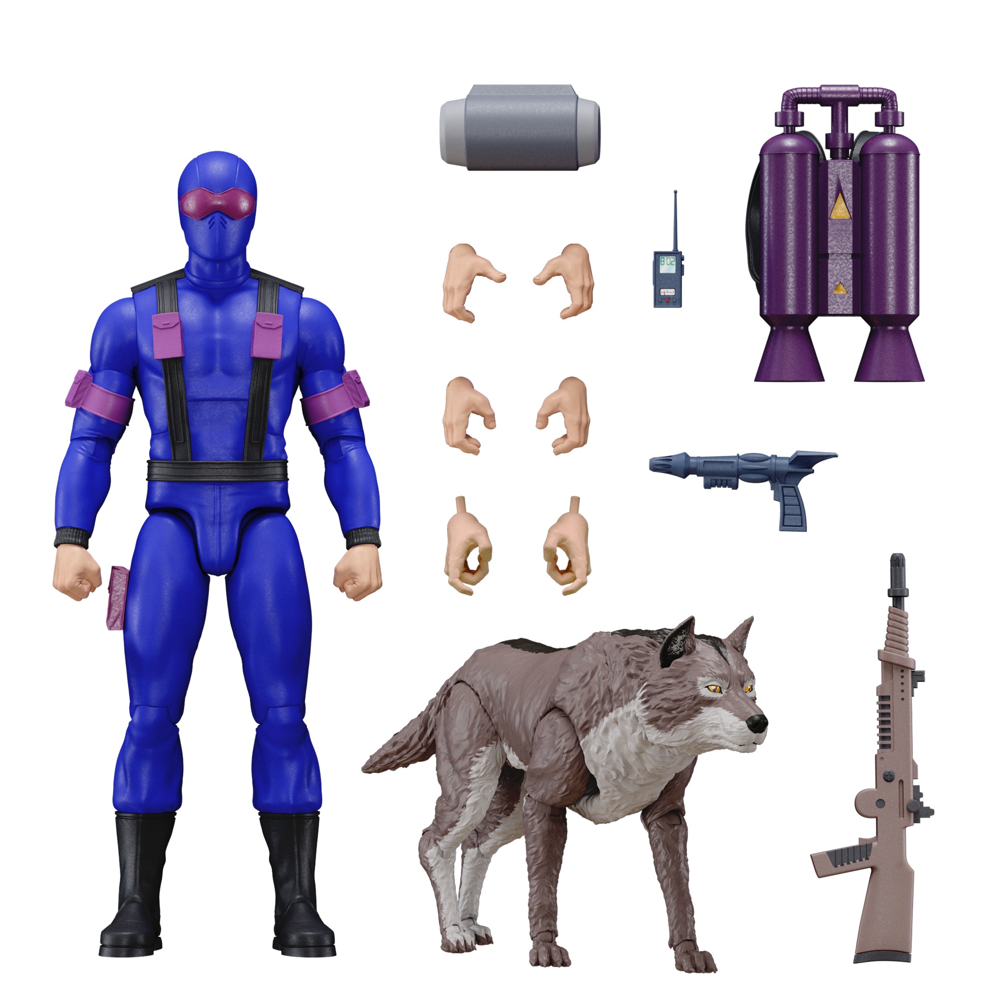 Snake Eyes action figure in blue suit with pink accents, accompanied by a gray wolf and a set of accessories.