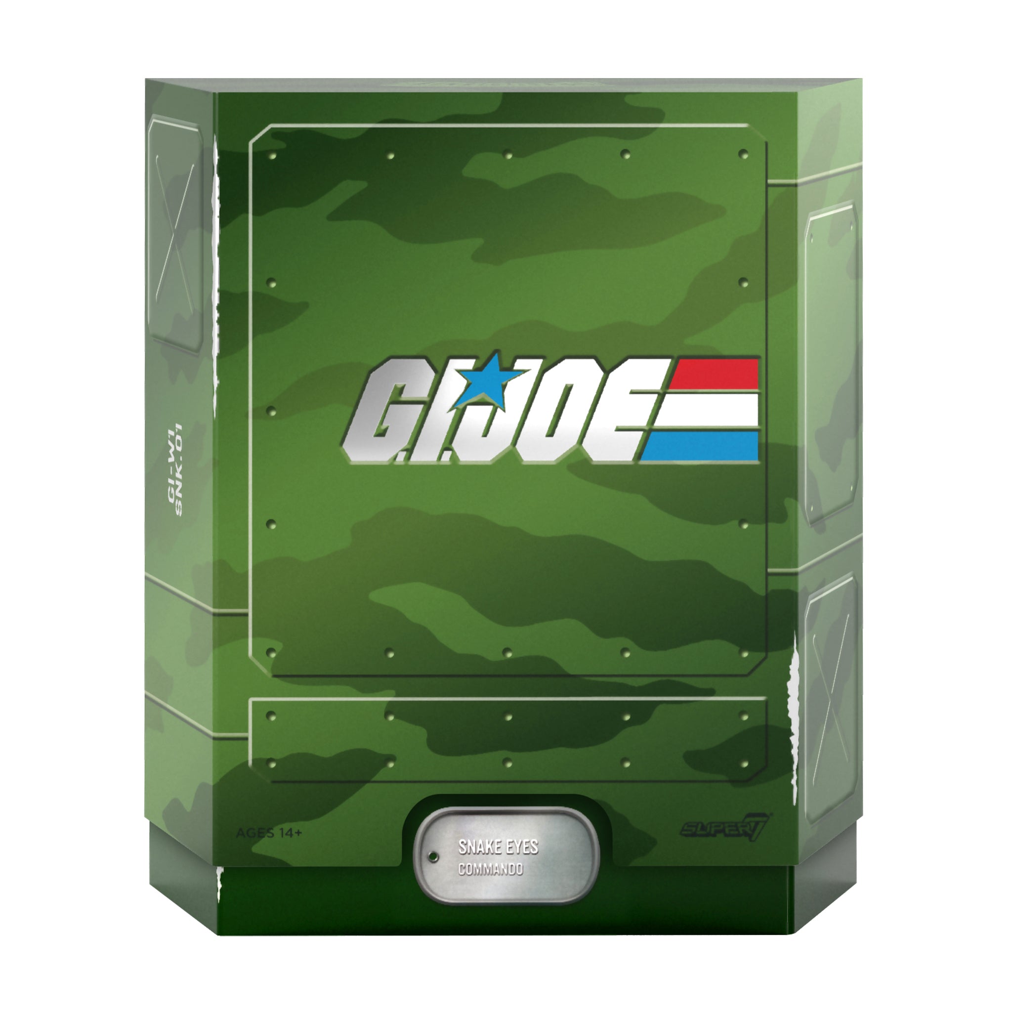 Green camouflage GI Joe ULTIMATES packaging box for Snake Eyes with outlined panel art