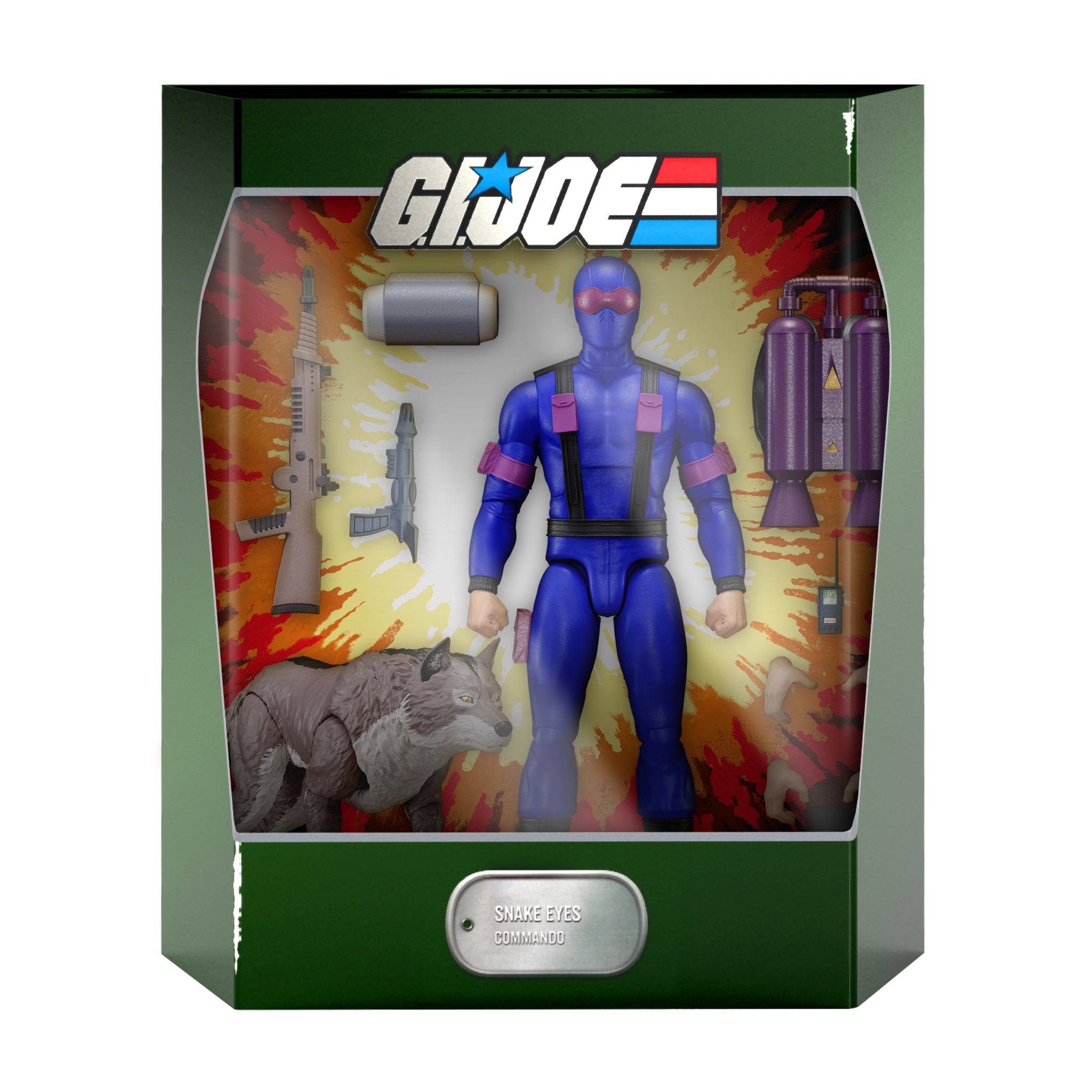 Front view of GI Joe ULTIMATES Snake Eyes packaging showing the figure and weapons inside a green box.
