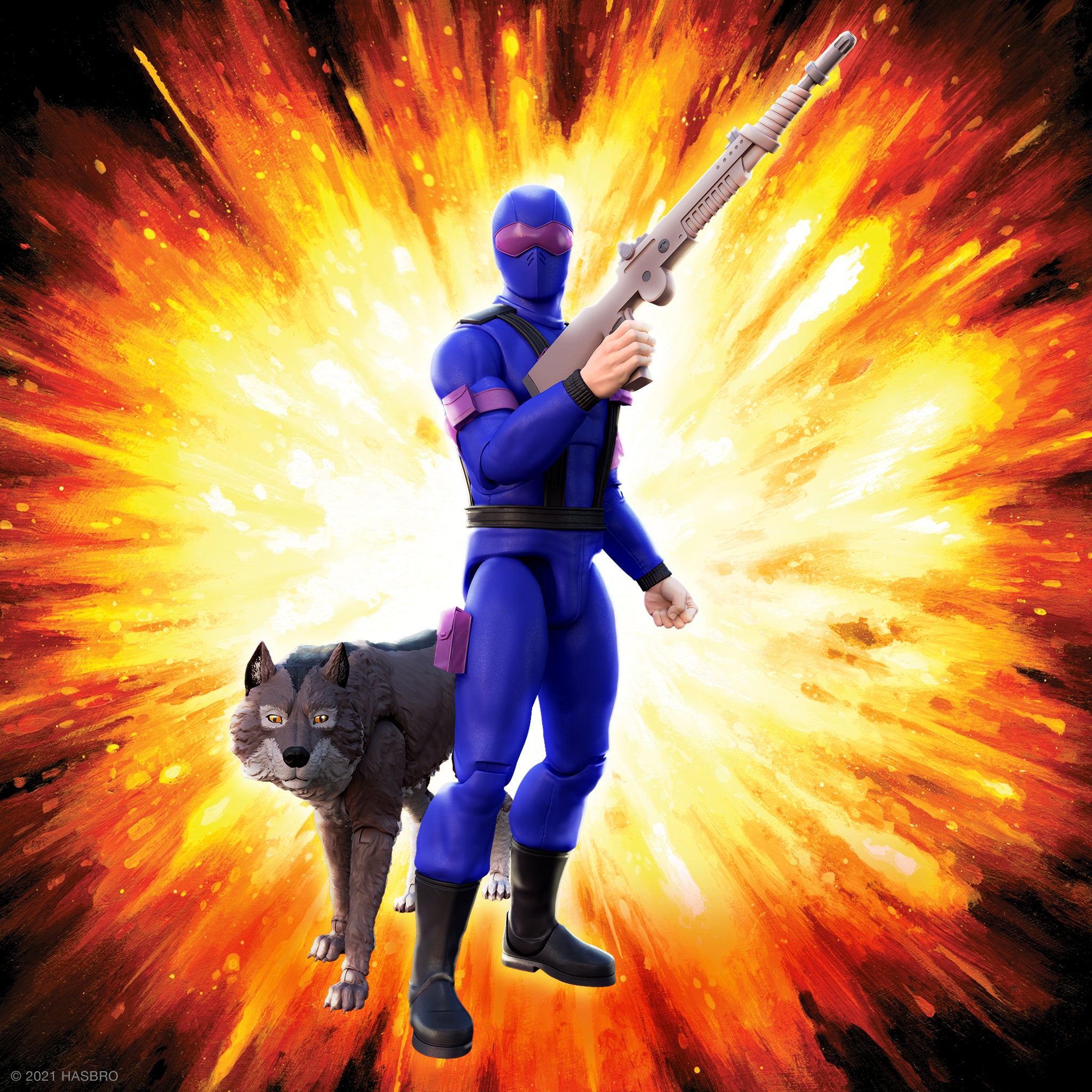 Snake Eyes figure in a windowed green GI Joe ULTIMATES packaging with weapons and purple twin tanks visible.