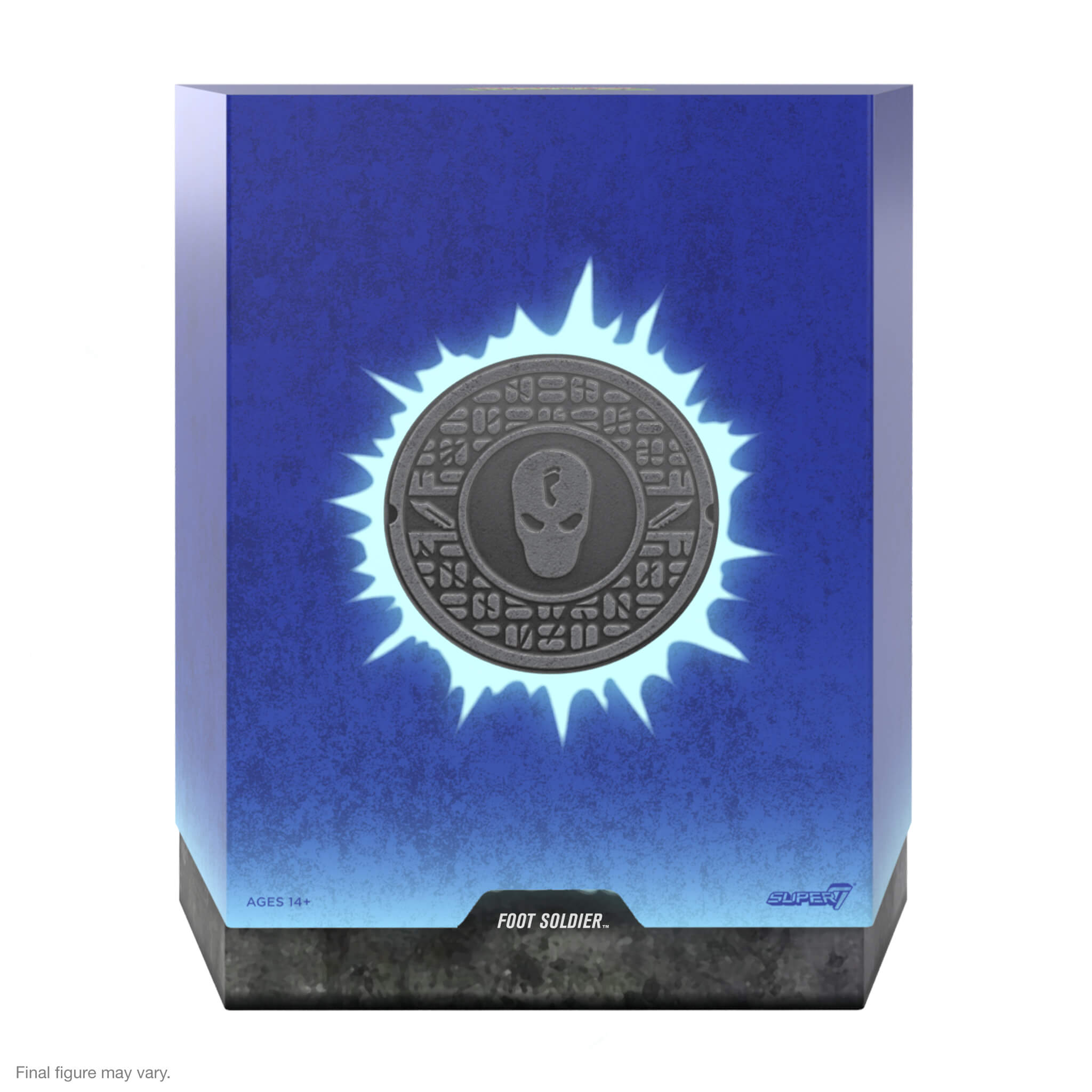 Blue packaging for TMNT ULTIMATES Foot Soldier Glow, featuring a silver medallion on a glowing blue backdrop