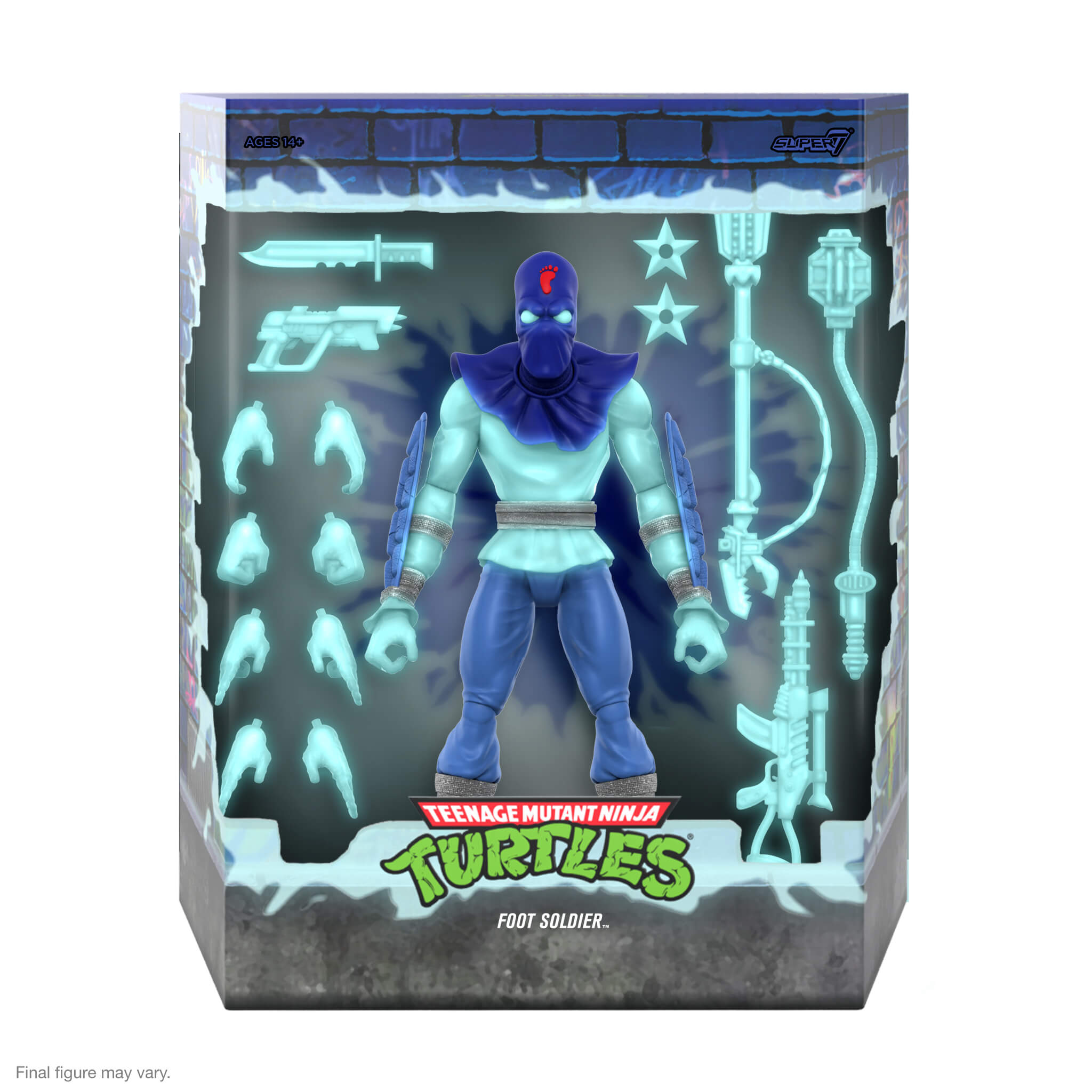 Teenage Mutant Ninja Turtles Ultimates Foot Soldier Glow in the Dark figure in its packaging with weapons.