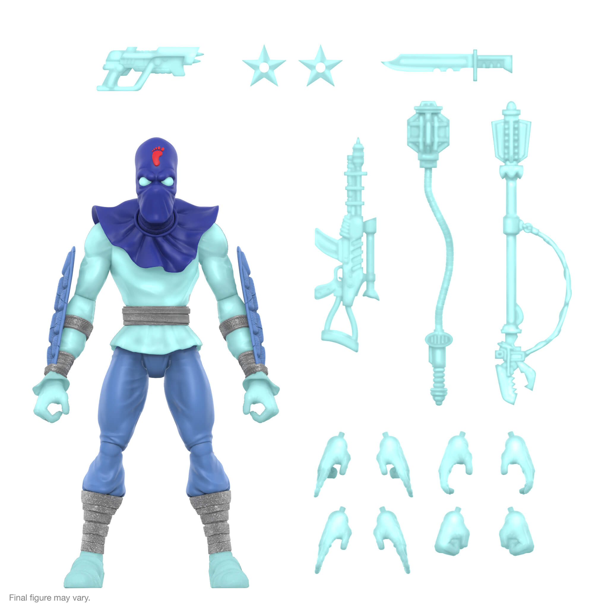 Foot Soldier action figure in glow variant with purple head and turquoise body and multiple turquoise accessories.