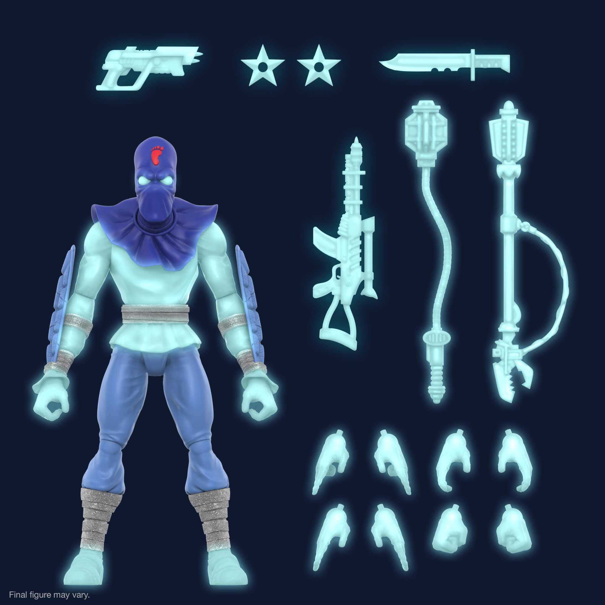 Fully assembled TMNT Ultimates Glow Foot Soldier with glowing weapons and accessories against a dark backdrop.