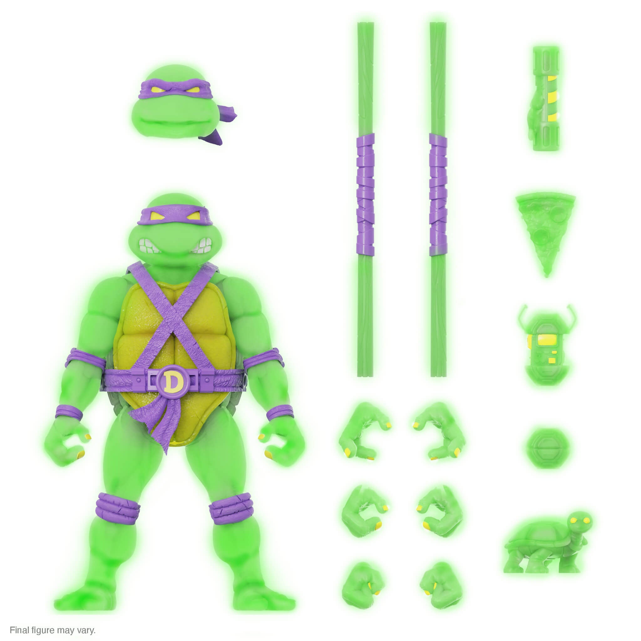 Donatello Mutagen Ooze Glow ULTIMATES figure with neon green body purple mask and purple harness arranged with accessories