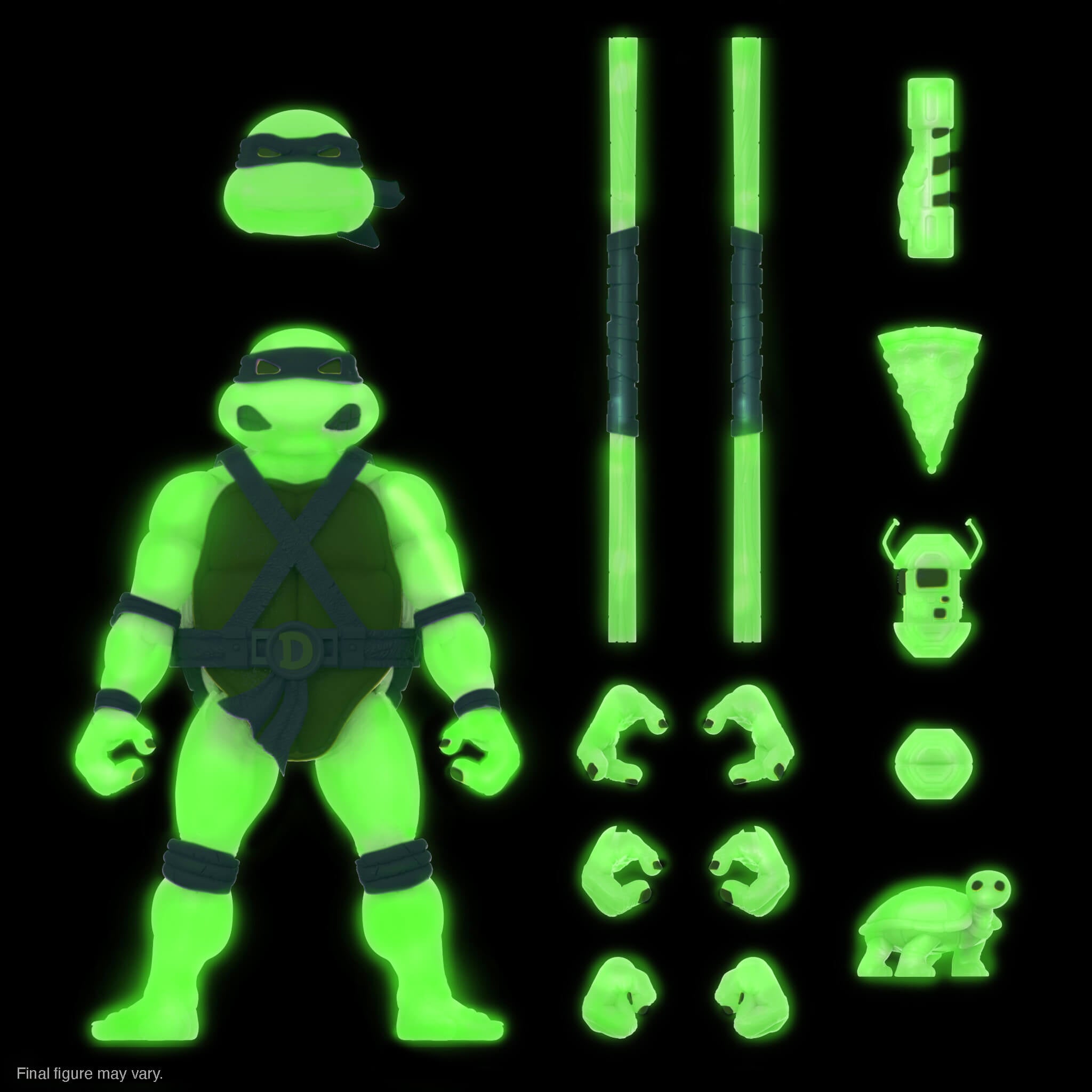 Front view of neon green Donatello figure wearing purple mask and harness with additional hands and parts laid out