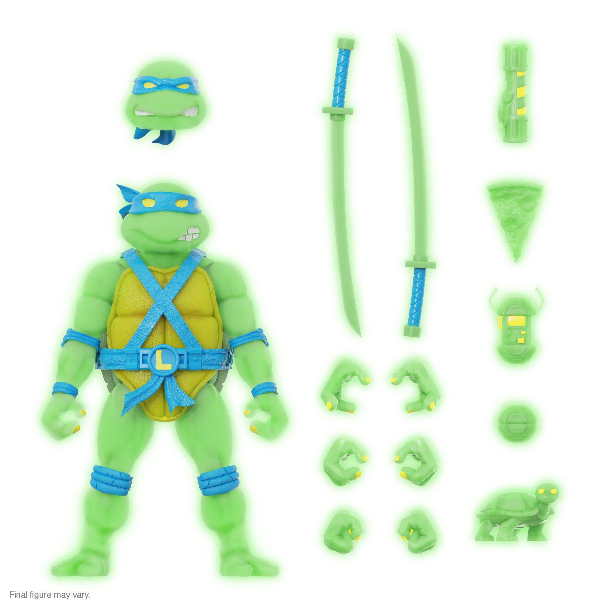Leonardo from Teenage Mutant Ninja Turtles Ultimates in Mutagen Ooze Glow with blue mask and blue crossed straps.