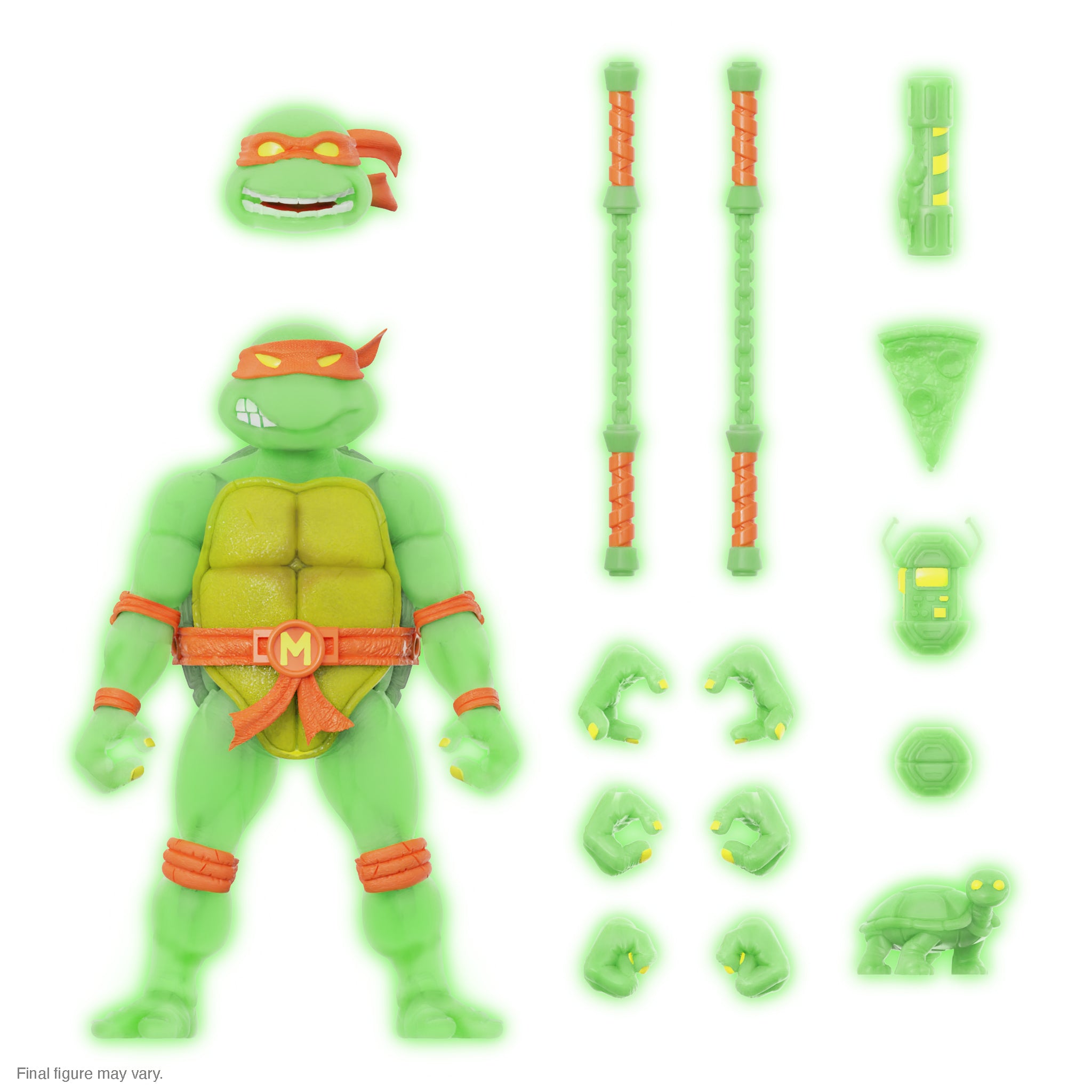 Michelangelo from TMNT ULTIMATES in Mutagen Ooze Glow with orange mask and belt, surrounded by glow accessories.