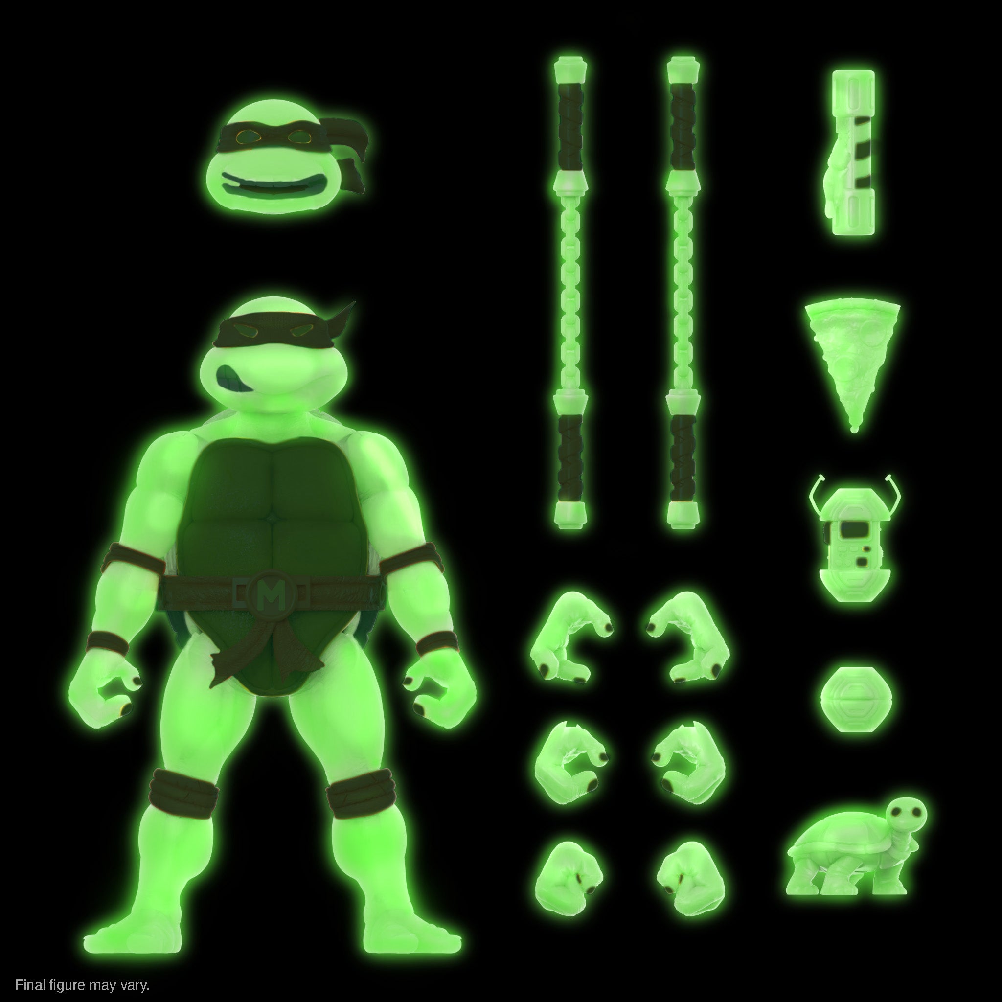 Full Michelangelo ULTIMATES figure in neon glow with orange mask, plus glow weapon parts and extras laid out.