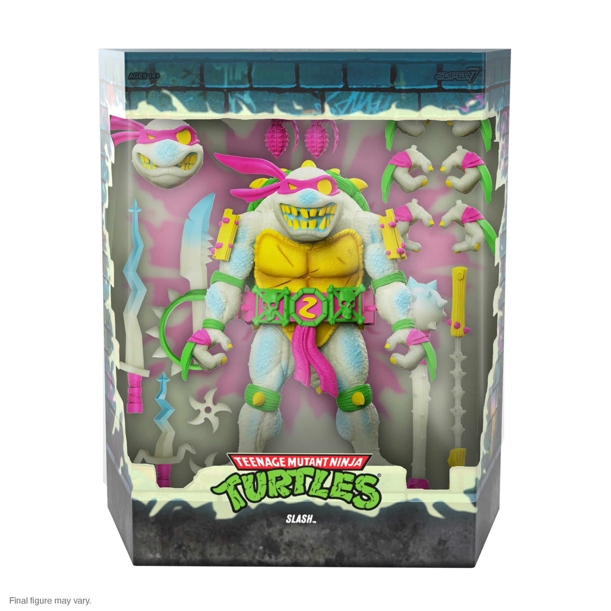 TMNT Ultimates Slash Glow figure in windowed packaging with pink mask and yellow teeth.
