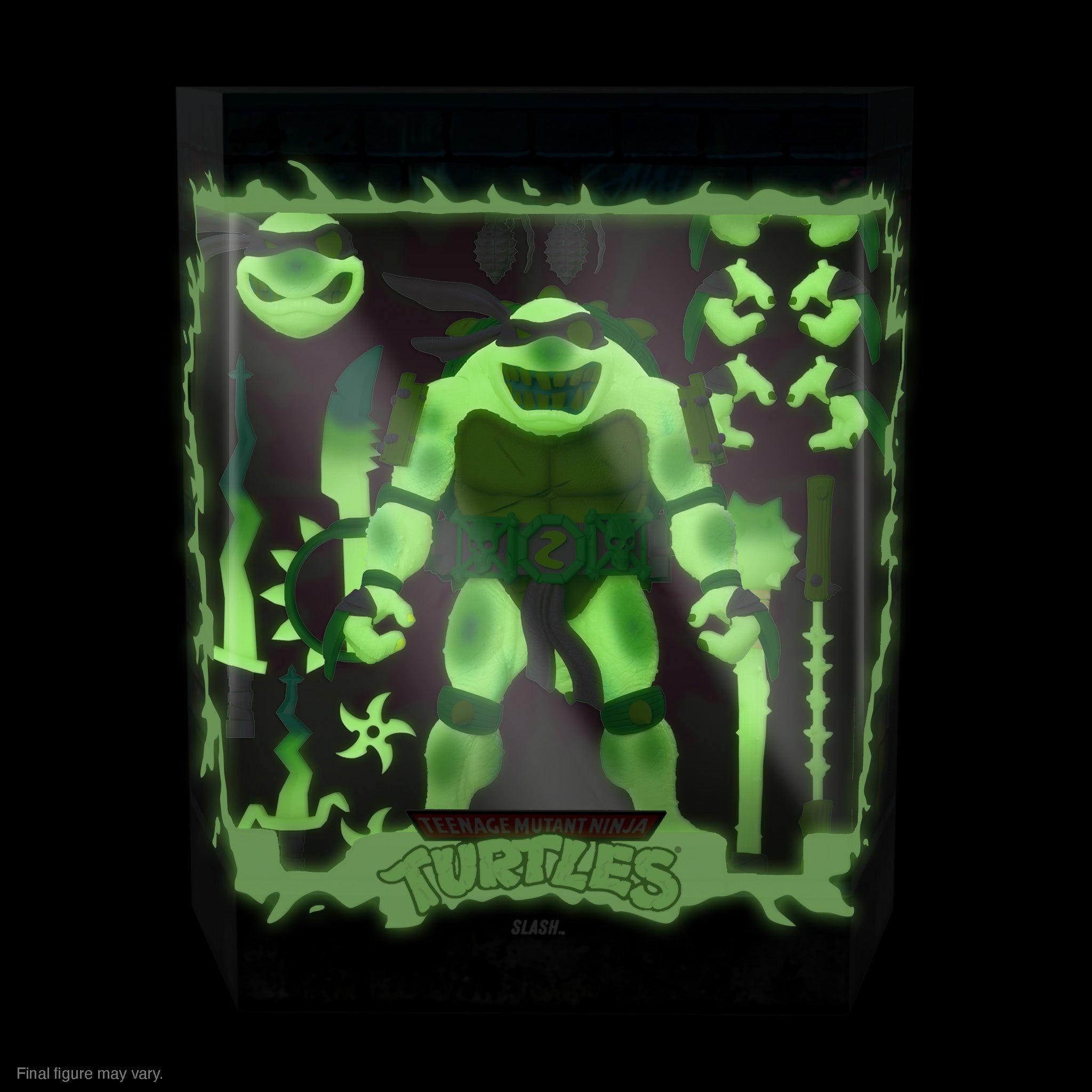 Unassembled Slash Glow figure parts scattered on black backdrop with neon green pieces and TMNT logo.