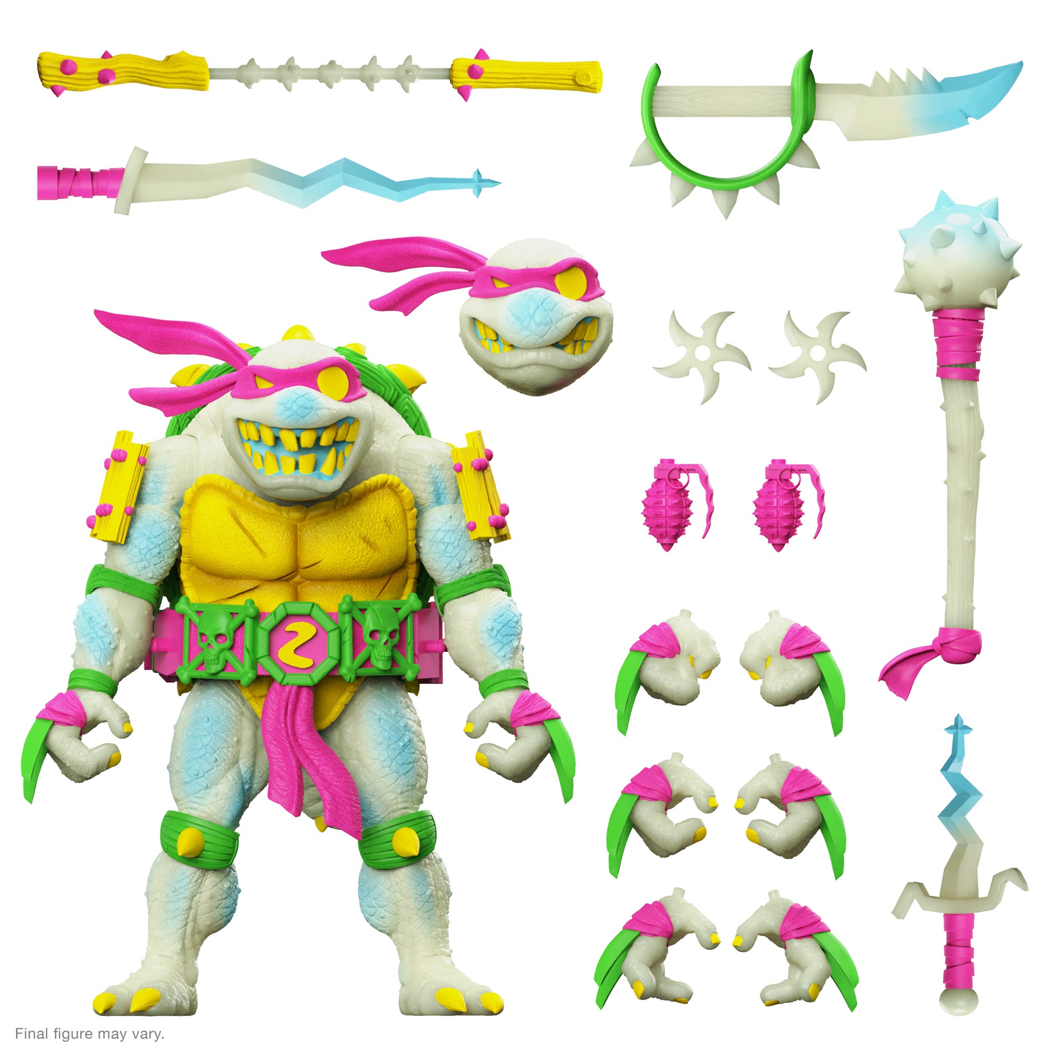 TMNT Slash Glow accessory spread for S7 Exclusive on a white background featuring weapons and monster parts.