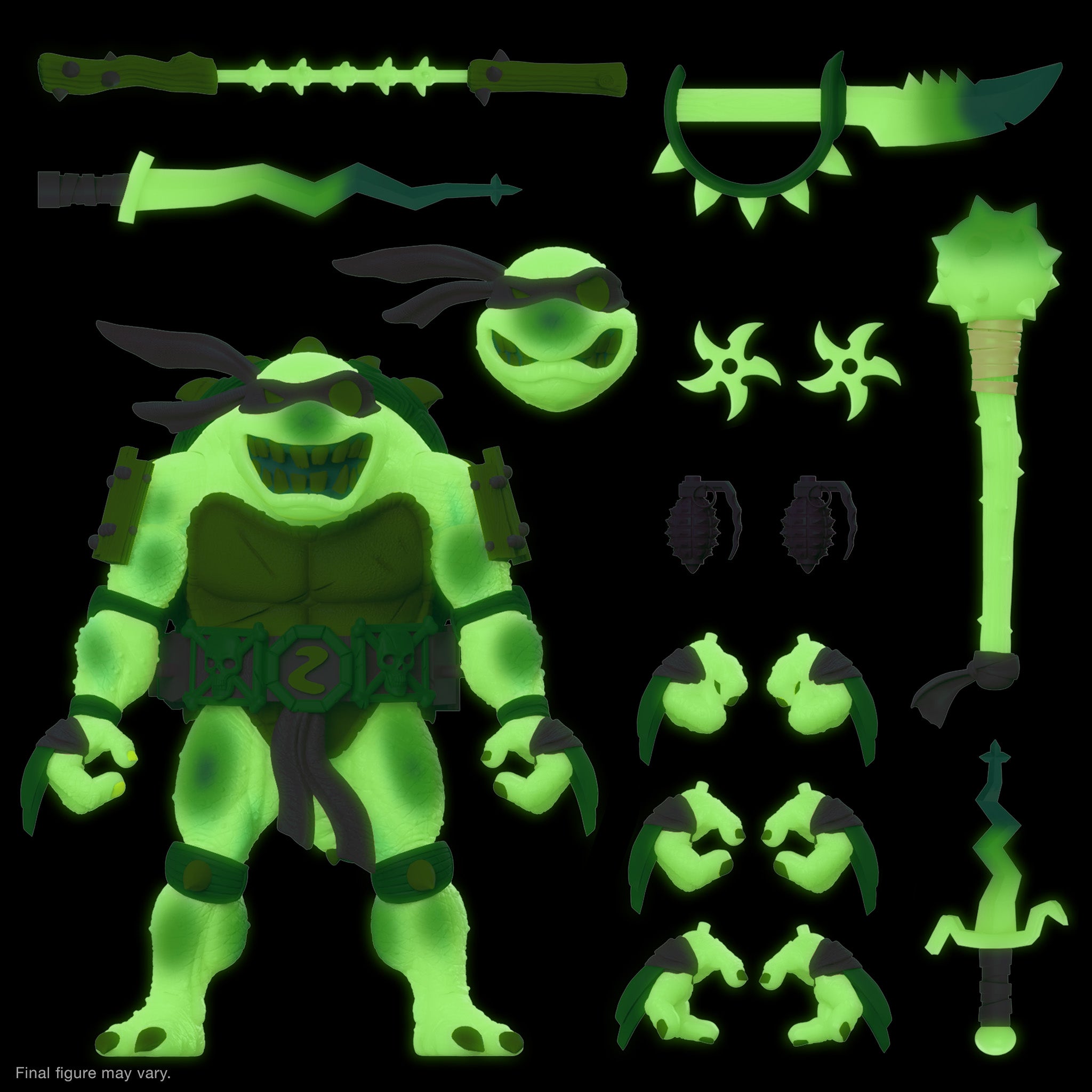 Slash Glow TMNT Ultimates accessory parts laid out on black background in neon green.