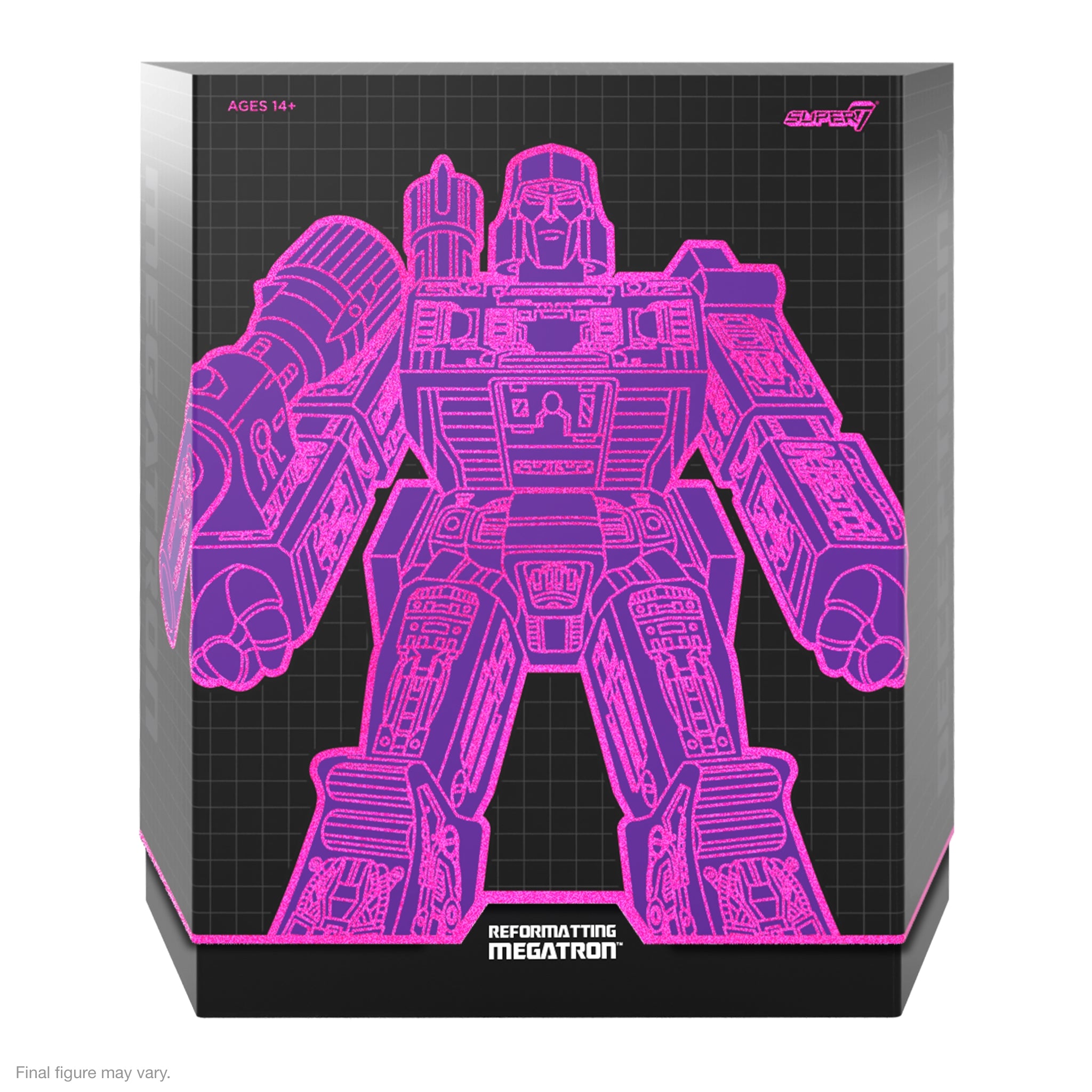 Neon pink Megatron torso and head silhouettes on a grid backdrop inside the packaging.