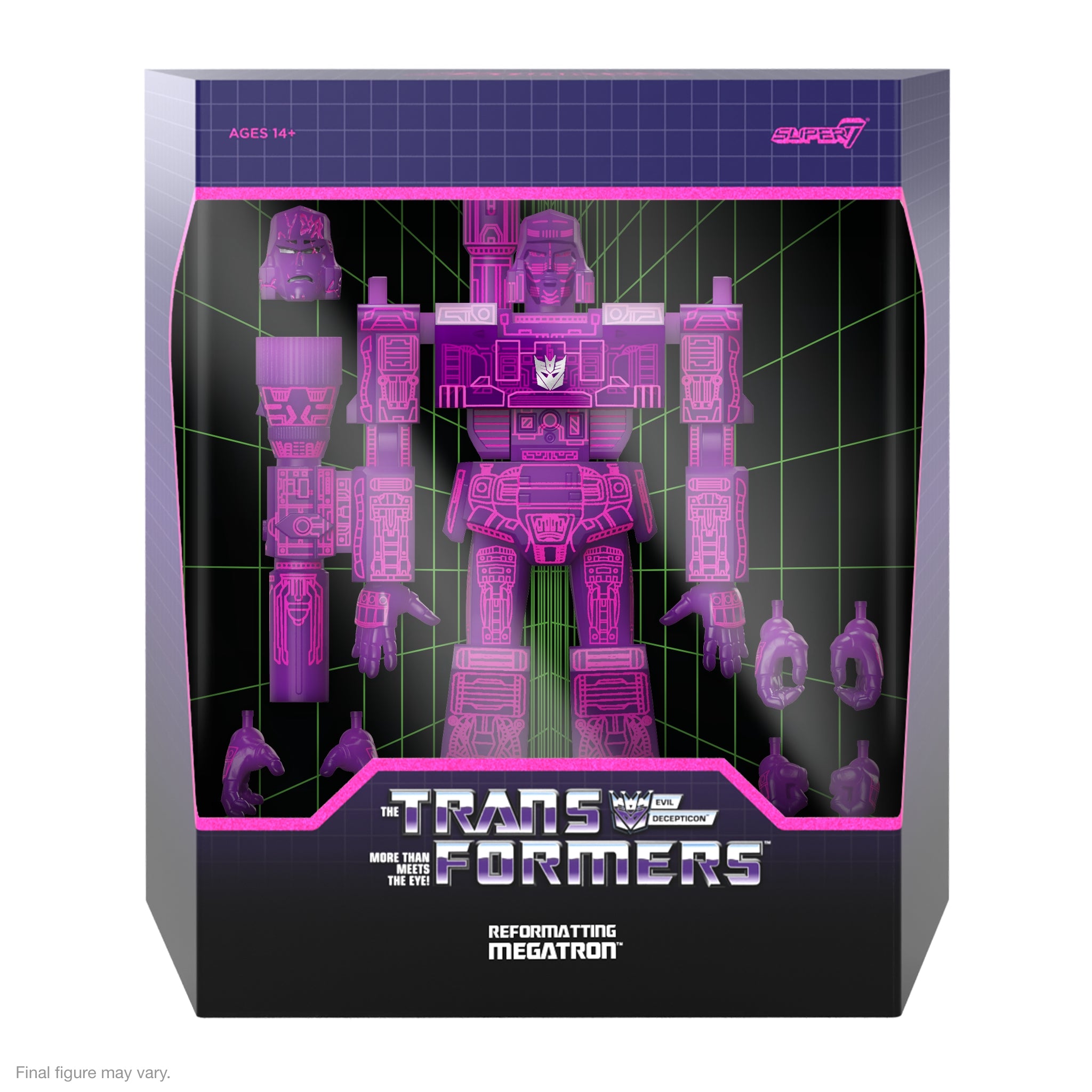 Front packaging of Transformers ULTIMATES Wave 5 Megatron with purple pink outlined figure against a neon grid background.