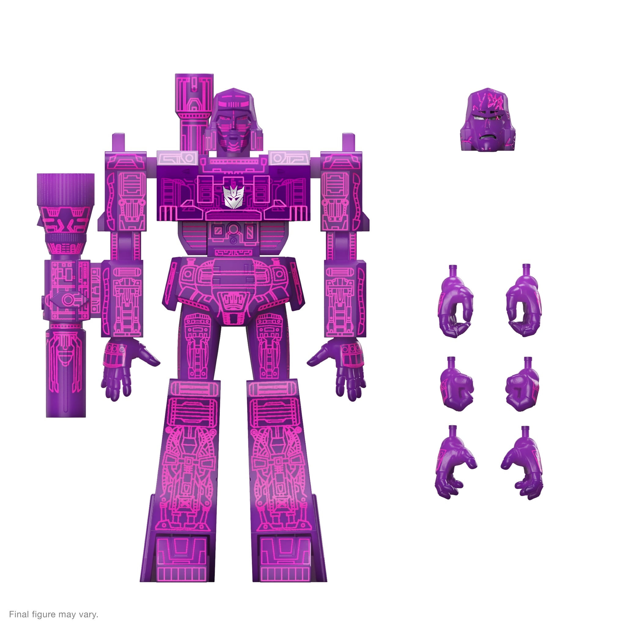 Purple Megatron figure from Transformers ULTIMATES Wave 5 with loose parts on a white background in G1 reformatting style.