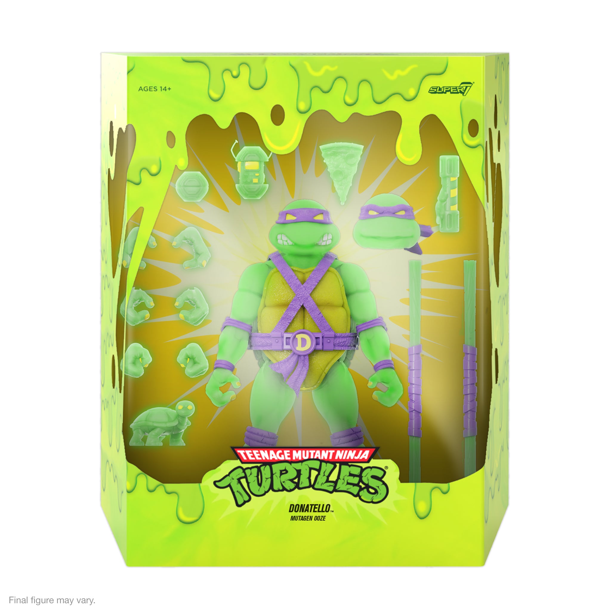 Donatello from Teenage Mutant Ninja Turtles Ultimates Mutagen Ooze Glow boxed figure with neon slime graphics.