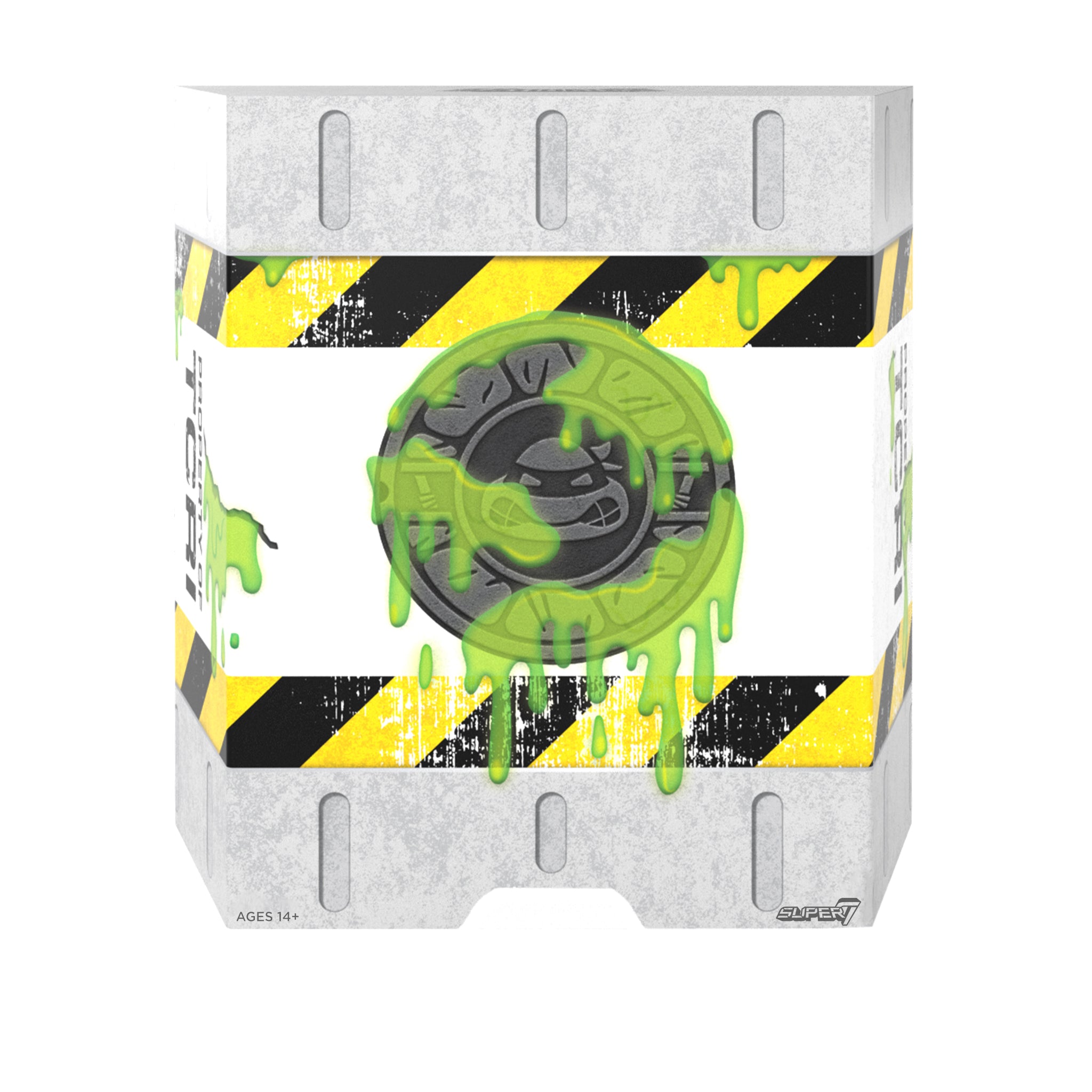 Top view of Mutagen Ooze Glow packaging with gray lid, yellow and black hazard stripes and dripping green slime.