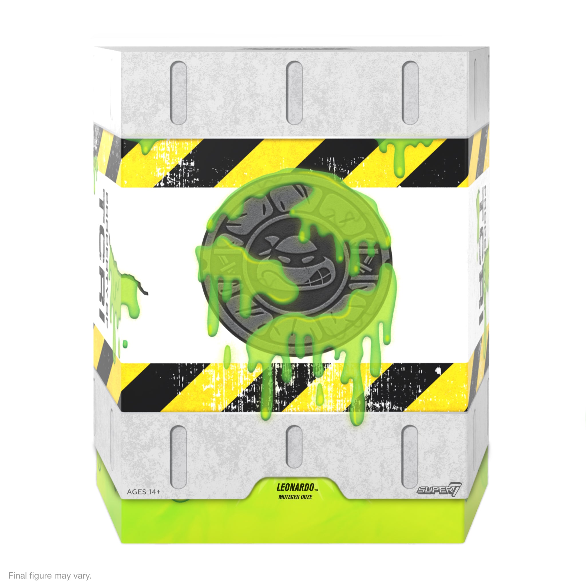 Front close-up of the Leonardo Mutagen Ooze Glow packaging showing dripping green ooze and turtle emblem.