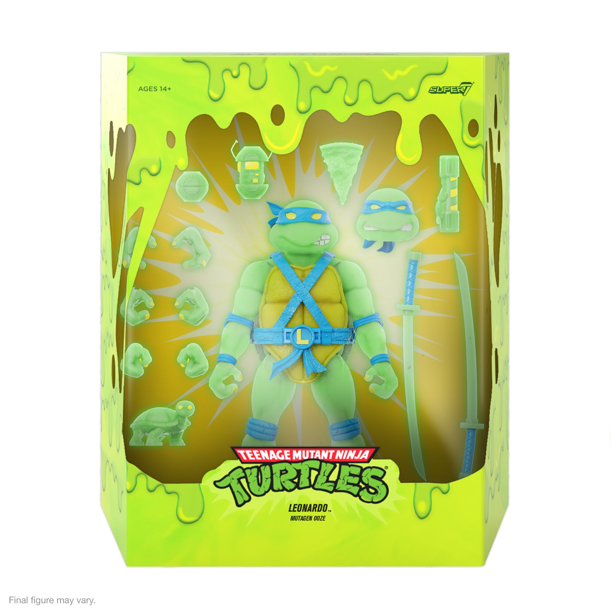 Front view of Teenage Mutant Ninja Turtles Ultimates Leonardo Mutagen Ooze Glow figure in a neon green packaging.