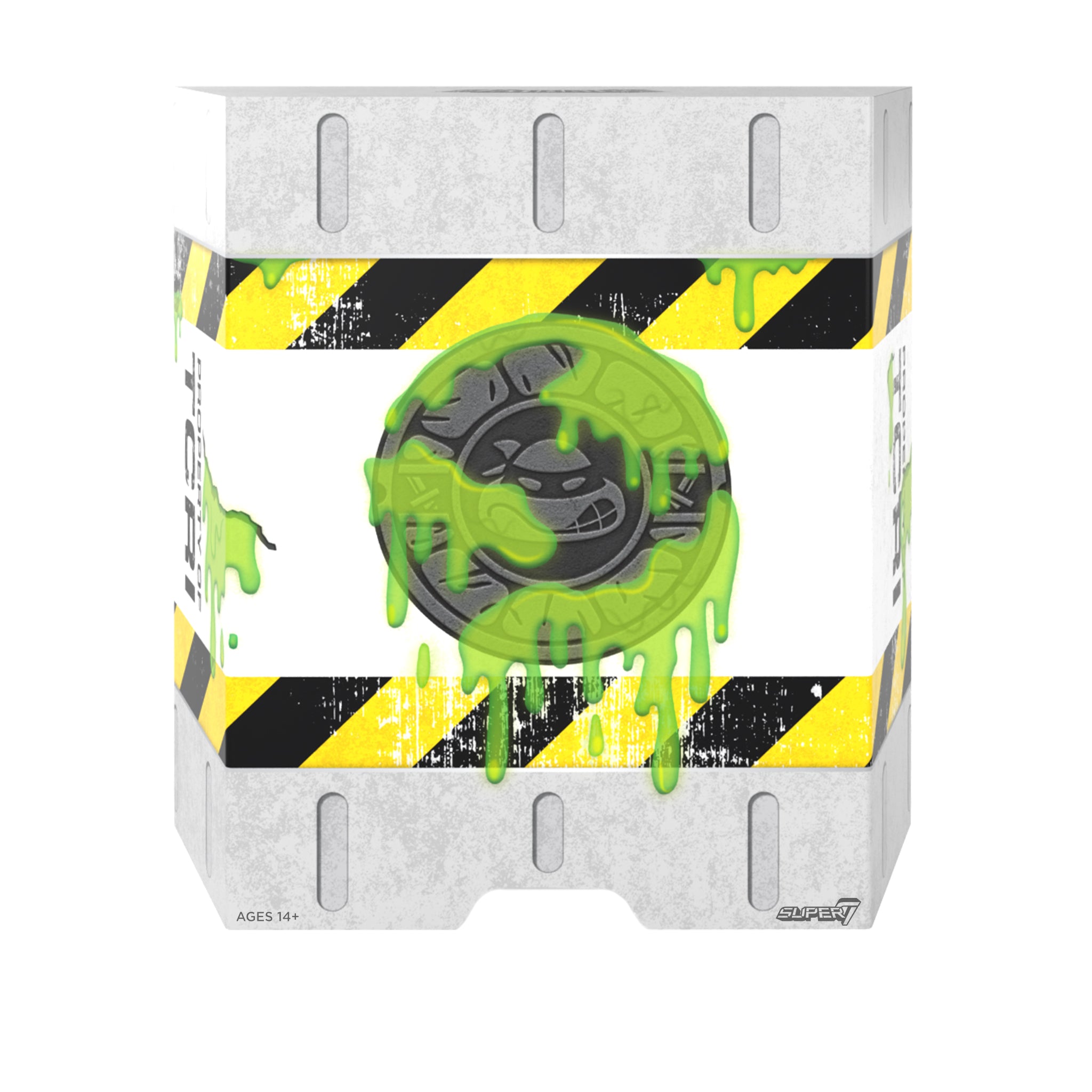 Side view of the box art for TMNT Ultimates Leonardo Mutagen Ooze Glow with hazard stripes and neon ooze accents.