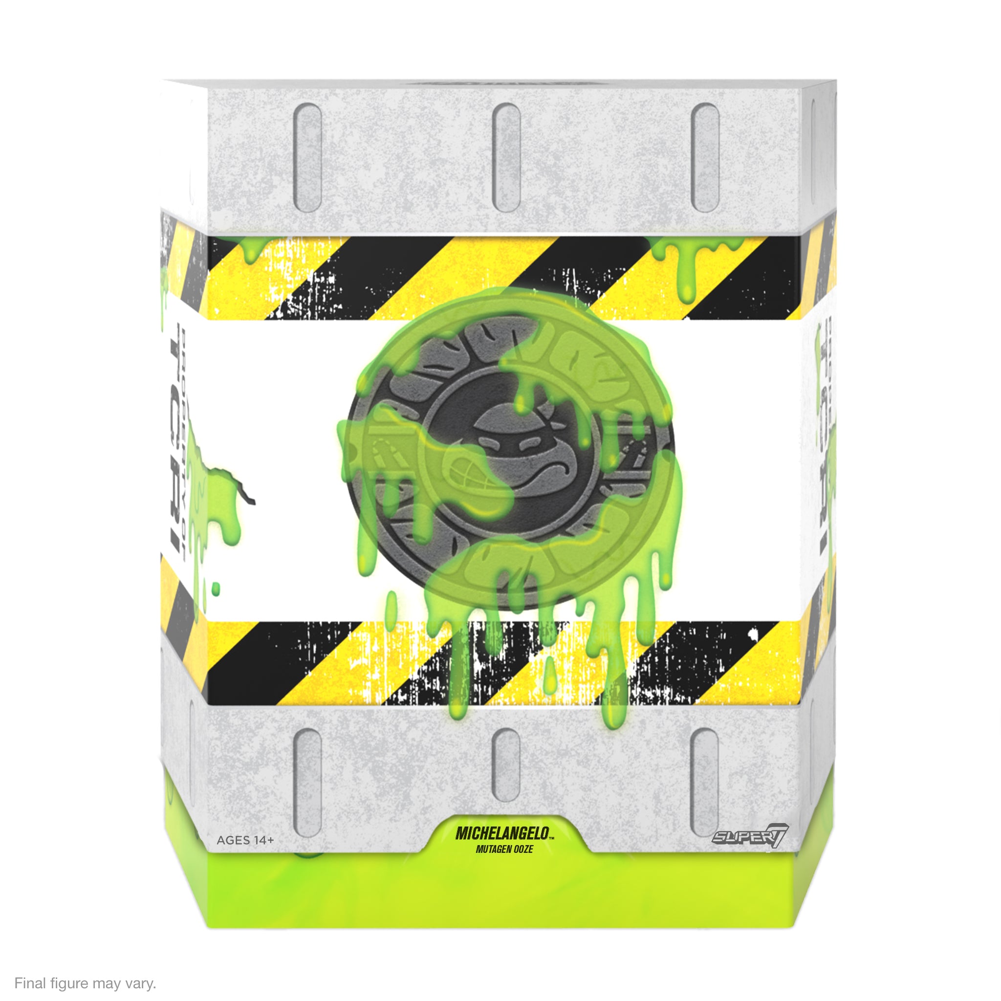 Second angled packaging shot showing neon ooze drips and caution stripe graphics around the Michelangelo box.