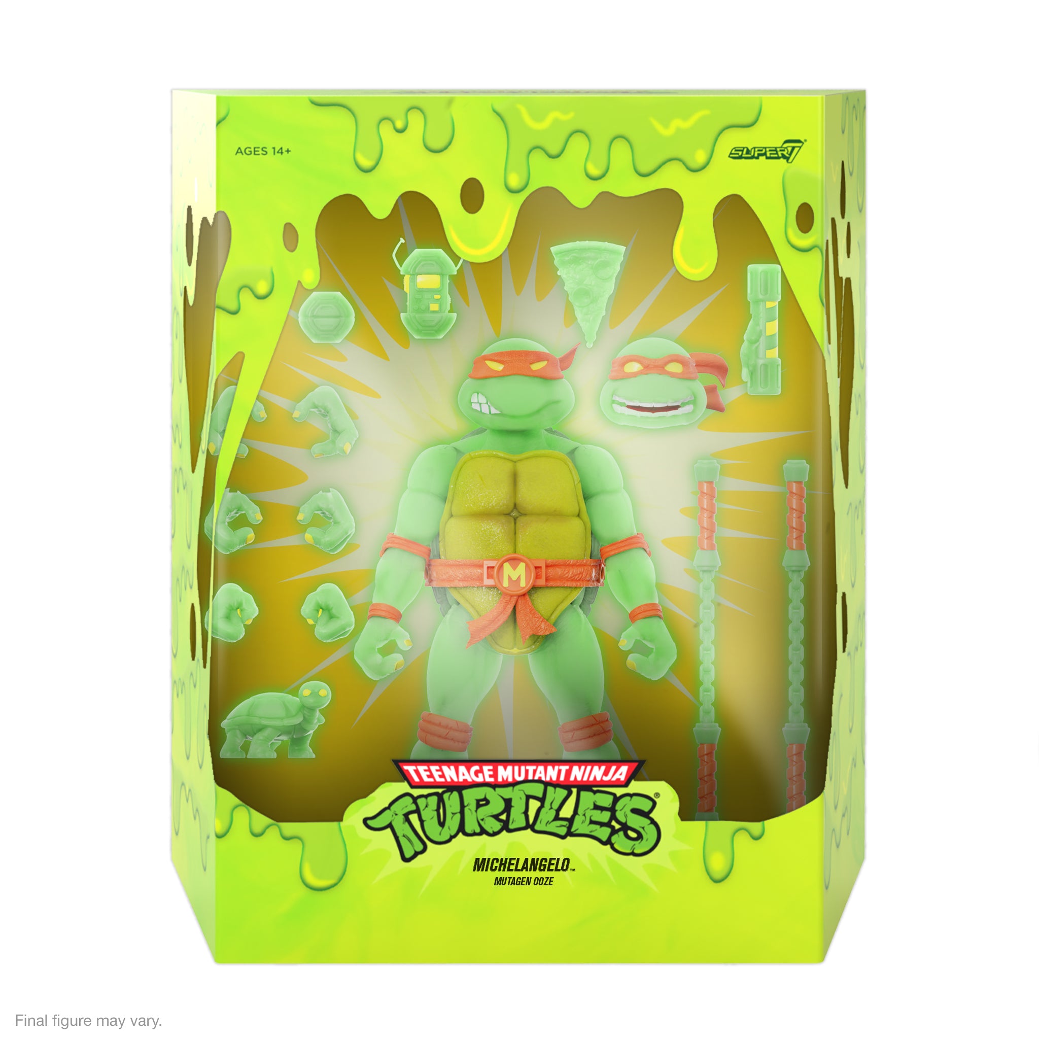 Front view of TMNT ULTIMATES Michelangelo Mutagen Ooze Glow packaging with bright lime green ooze artwork.